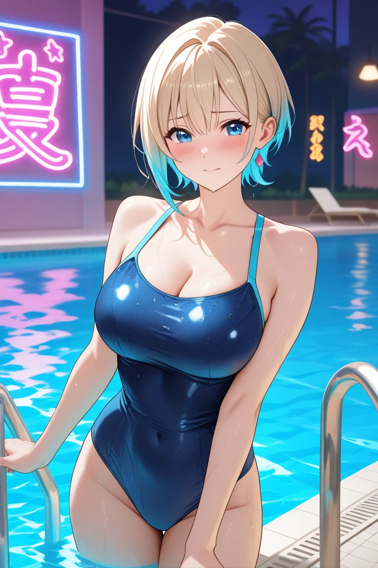 1 girl, wide hips, thick thighs, narrow waist, wasp waist, 3d, big breasts, blonde hair, tan skin, thick lips, eyeshadow, lipstick, shimmering night at spa, glowing olympic pool, translucent sarong, reflective bikini, eyewear on hair, saucy smile, bounce light, caustics, dappled light, pool refelctions, thin toned body, wet hair, wet skin
