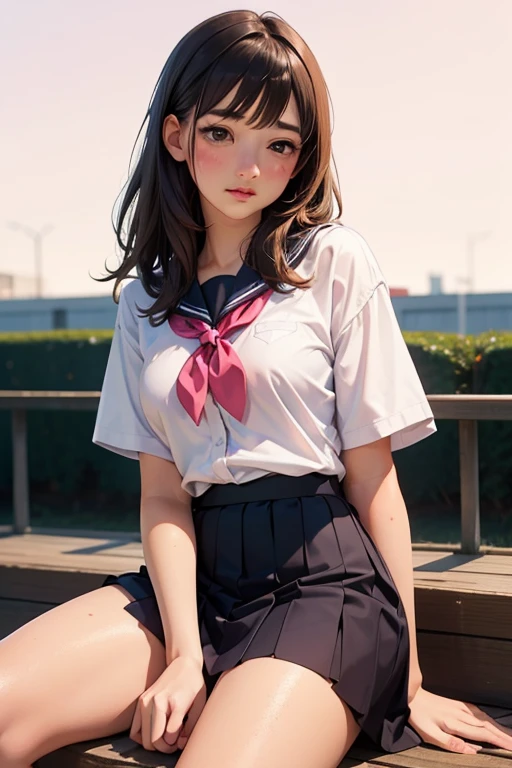 (masterpiece:1.2, top-quality), (realistic, photorealistic:1.4), beautiful illustration, (natural side lighting, movie lighting), nsfw, 
beautiful detailed hair, beautiful detailed face, beautiful detailed eyes, beautiful clavicle, beautiful body, beautiful chest, beautiful thigh, beautiful legs, beautiful hands, 
looking at viewer, 1 girl, japanese, high school girl, perfect face, cute and symmetrical face, shiny skin, 
(long hair, straight hair, brown hair), forehead, gray eyes, slant eyes, big eyes, long eye lasher, (medium breasts), (small ass, thin thighs), slender, outstanding style, 
(detailed cloth texture, short sleeve white collared shirt, navy school vest, navy pleated skirt, navy bow tie), earrings, necklace, 
(beautiful scenery), amusement park, go-round, ferris wheel, (squatting, crouching, skirt hold, hands on chest), (seductive smile, upper eyes, parted lips), 