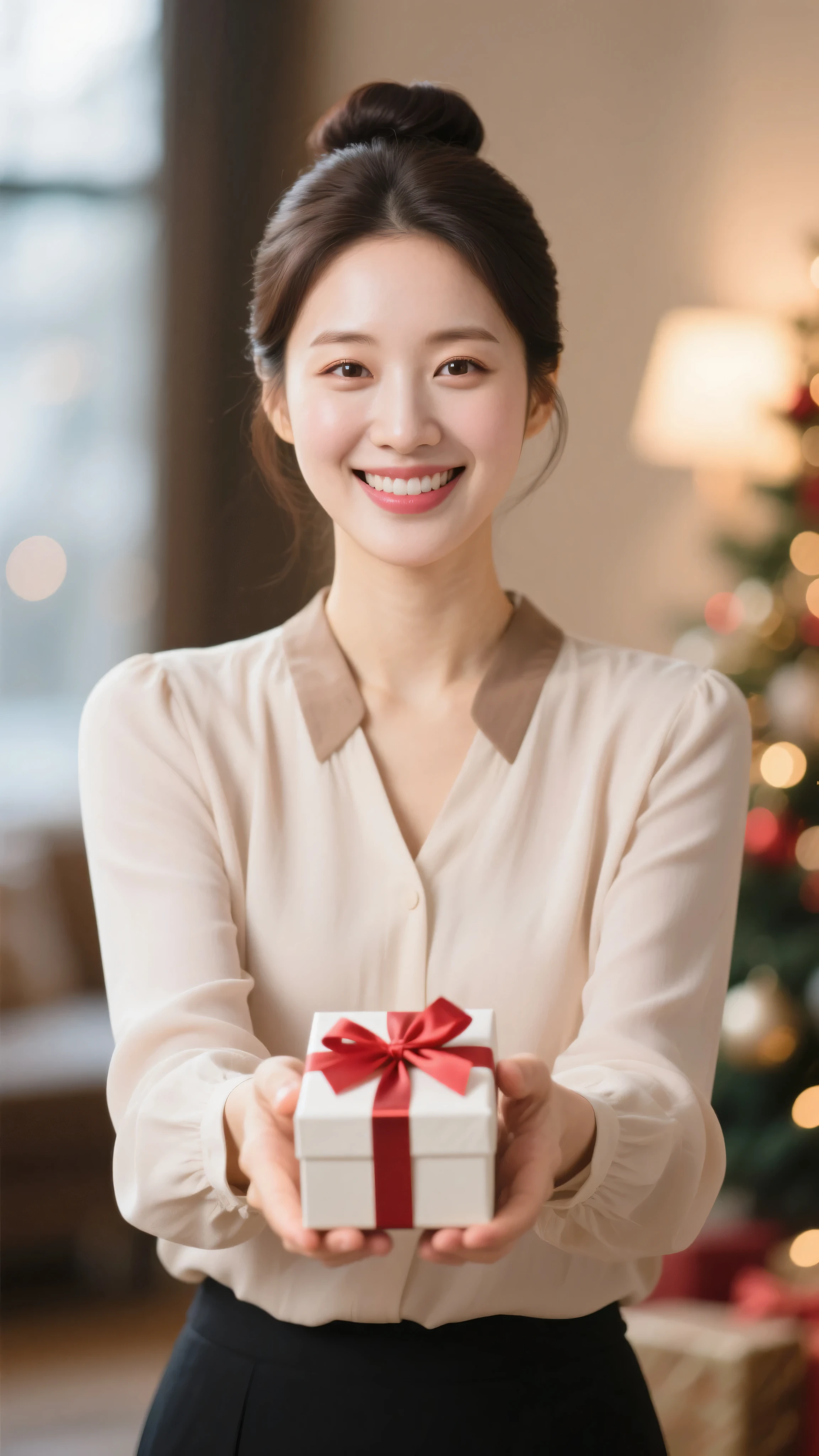 8k, Masterpiece, Top Quality, beautiful Korean woman, clear skin, elegant blouse, neat hair updo, POV shot, she is standing in front of viewer, smiling warmly, eyes full of affection, holding out beautifully wrapped small gift box towards viewer, festive ribbon, soft indoor lighting, blurred festive background, medium close-up shot.