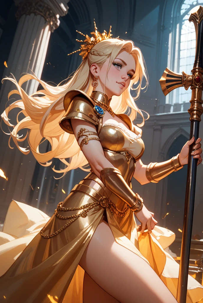 8k, best quality, masterpiece, highly detailed, semi realistic, 1 girl, young female, 19 years old, golden long hair, right eye covered by Bangs, blue right eye, jewelry crown, palace style white and gold short skirts, golden iron boots, slim figure, holding a sword, right eye covered by Bangs, right eye covered by Bangs