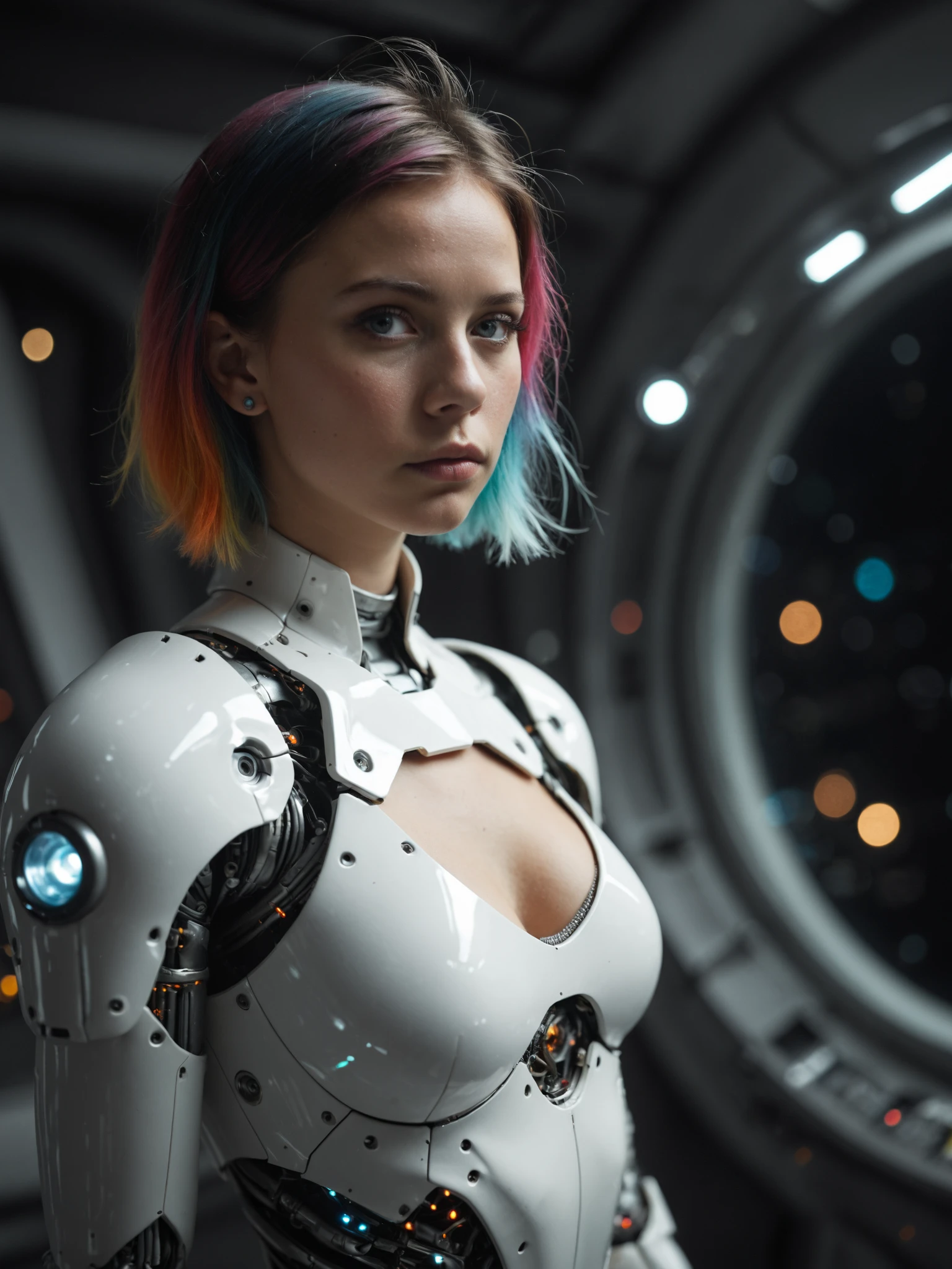 Head-on shot,  female biomechanical cyberpunk, cybernetics, porcelain white skin, (laughing:1.1)  tears,   bodice bodysuit set, dark, intricate, highly detailed cinematic film grain, 4k, vibrant colors,highly detailed skin with freckles  <lora:Cosine_freck:.9> <lora:EleonoraV2:0.2>, <lora:MJ52:0.1> <lora:add-detail-xl:1>, low key photography, dramatic lighting, deep shadows, rich contrast, moody atmosphere, intense emotions, cinematic feel, mysterious ambiance, emphasizing shape and form, creating depth, evoking drama, storytelling through shadows, professional technique