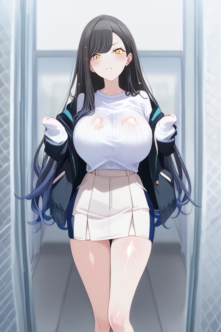  bangs, sidelocks, black hair, long hair, black hairband, perfect shiny hair, blue eyes, ultra-detailed eyes, iridescent shiny eyes,, ,nsfw , large breasts, nipple, Walking, crying, ShoppingMall,  frozen, wet,  Naked, Blind ,Temptation, Blank look, empty eyes, (1girl, solo:1.5),, Peeing, lactation, projectile lactation