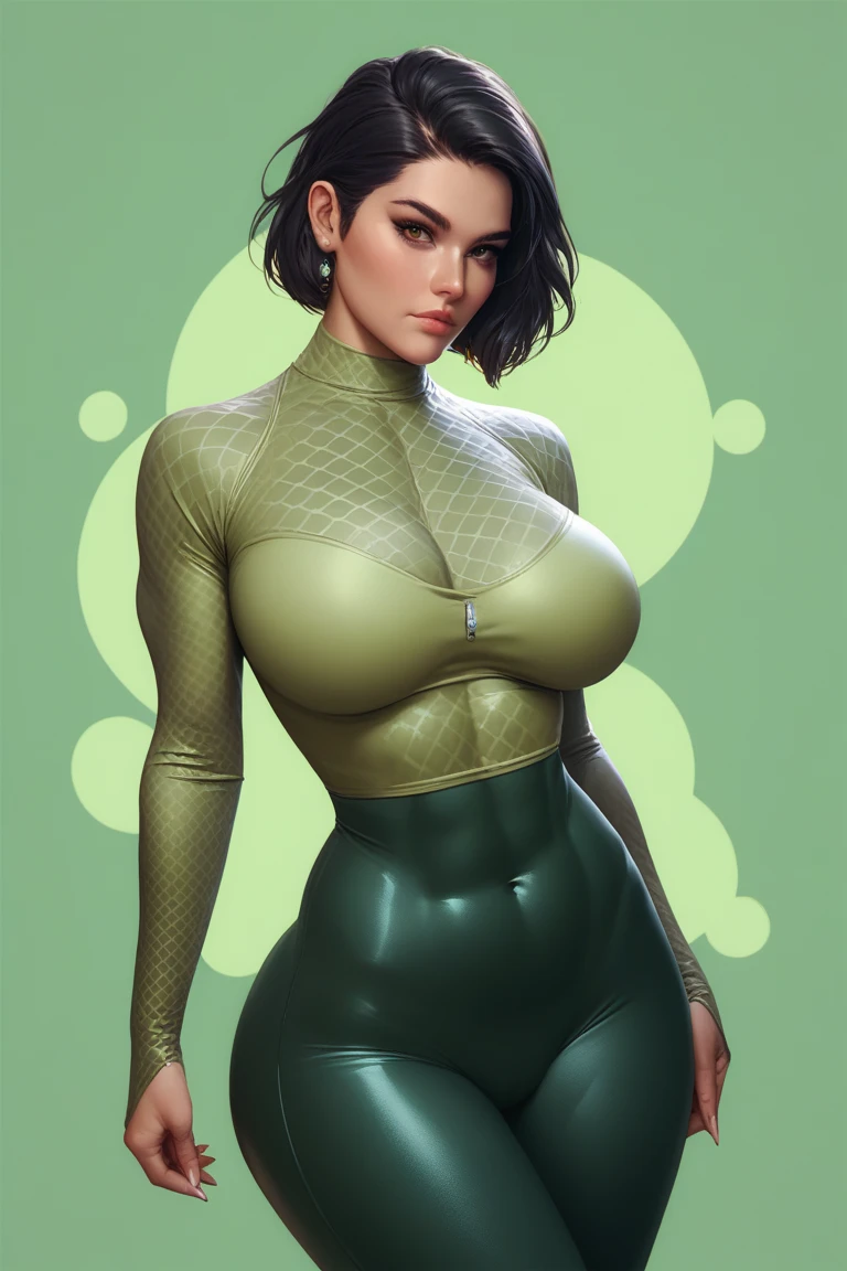 (detailed, sharp focus, masterpiece, HD, anatomically correct, best quality:1.2), shexyo, detailed face, detailed eyes, 4K, absurdres, (white background:1.3), (fubuki, green hair, green eyes, short hair:1.3), thick thighs, fat thighs, wide hips, (1girl, solo, standing, portrait, hands behind back:1.3), (thick, voluptuous, chubby, milf,plump, fat, medium breasts, big belly:1.5), sexy, hot, (thick lips, big lips, bimbolips, blush, parted lips, sexy smile, shy:1.5), (tank top, crop top, underboob, shorts, thighhighs, sleeveless, midriff, elbow gloves, cleavage:1.6)