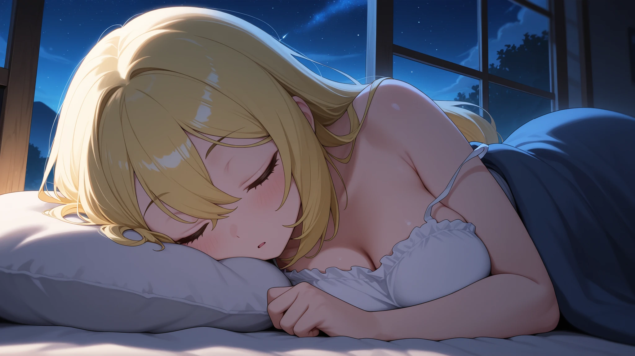 Beautiful Woman,((24yo)),moonlit glow,at night,Sleeping,((Sleeping)),bed,By the window,Lying down,full body shots,Closing your eyes,Silk costume,Breasted costume,Golden hair