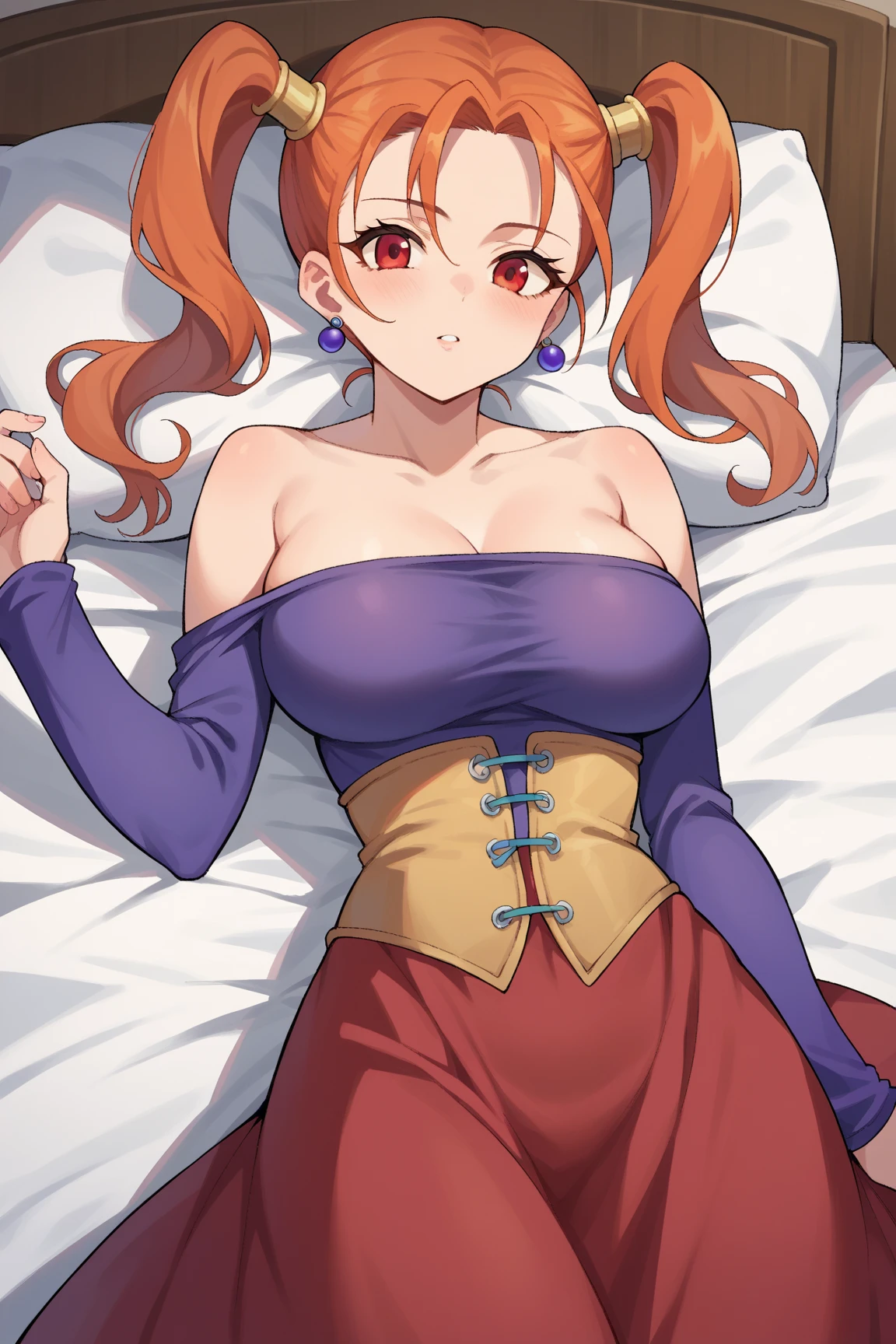 (((1girl on back)))、(((large huge breasts))),smile(bad mood)、((looking at viewer))(best quality),(ultra detailed),(extremely detailed and beautiful),(beautiful detailed eye)、 (perfect anatomy),(perfect hands),(super detailed skin),(masterpiece)(((breasts focus))),((thighs focus))((on the bed))