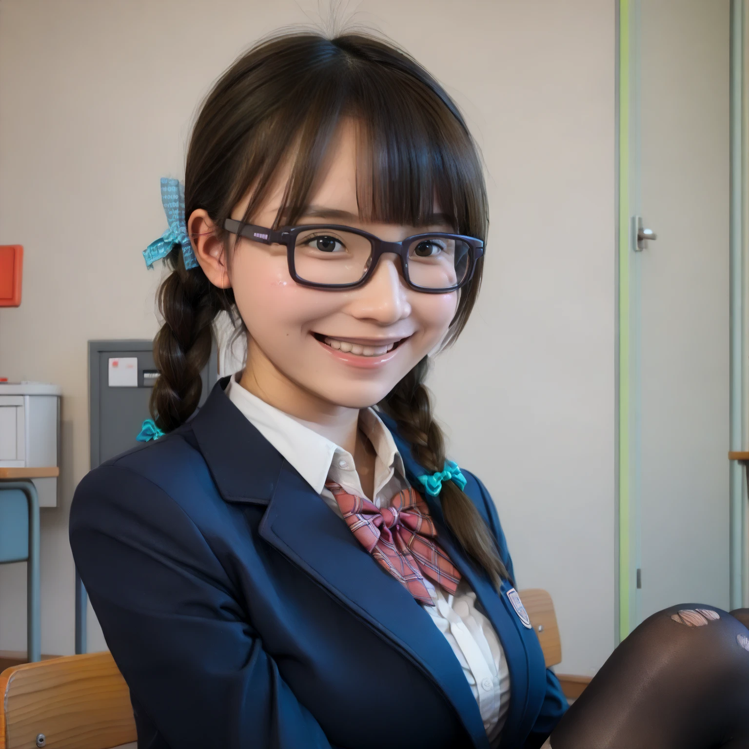 Wearing a miniskirt, Wearing a long-sleeved , Standing in knee-high socks. Black Bob Hair, Wearing glasses, Very large breasts, O cup or larger, Smiling Face, School classroom, nsfw, Sophisticated atmosphere. The images are of the highest quality, Highly detailed realism and vibrant colors. Lighting is perfectly balanced, Creates a professional and sophisticated look.