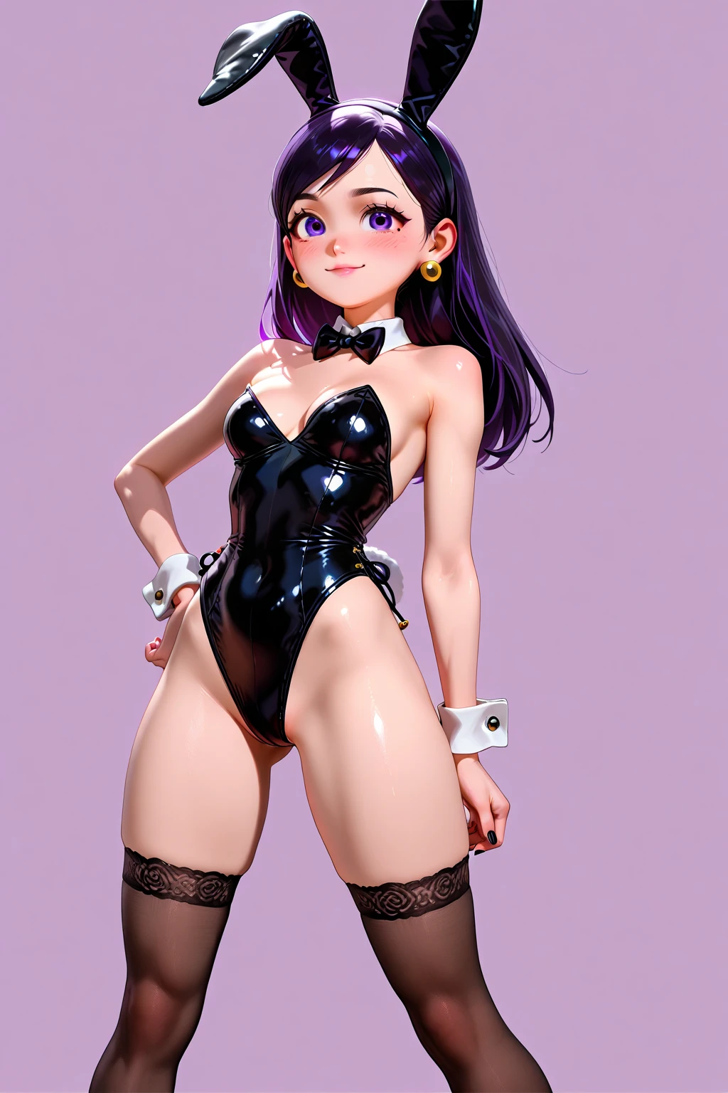 (1girl, solo, masterpiece, 4k, best quality:1.2, (cowboy shot), best quality:1.2, NICE HANDS, COLORFUL, (perfect hands, perfect anatomy)),
HIMEJIMA AKENO, BLACK HAIR, LONG HAIR, ((medium breasts, big hips, looking at the viewer, black hair, long hari)), ((sexy eyes)), ((LEOTARD, PELVIC LINES, CLEAVAGE, high stocking)), HAIR ORNAMENT, YELLOW, SINGLE PONYTAIL, LACE, (((leaning BACKWARDS))), (((bunny ears))), red lipstick, ((purple eyes)),
(((simple background, white background))), <lora:GoodHands-vanilla:1>, small skirt
