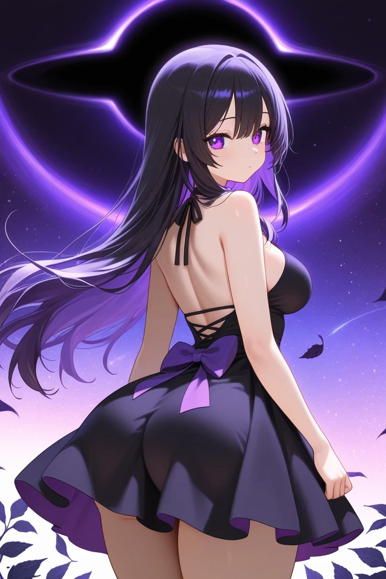(masterpiece), best quality, expressive eyes, perfect face, (nsfw) not safe for work, 1girl, [highly detailed eyes], (highly detailed eyes), anime girl with long hair, goddess of the galaxy, nebula, dress, [upskirt], (upskirt}, godly stance, godly pose, head leaning on hand, hand on face, from below, seductive anime girl, [seductive face], mommy, milf, cleavage, ((floating)), no panties, anime best girl, an anime drawing inspired by Naka Bokunen, mature, solo, tall, normal body, dark theme, dark aesthetic, ((black hair with purple undertone)), stars on dress design, ((angry)), smirking, smirk, sexy, ((wind blowing dress up)). pussy, vagina, clit, assfangs, ((galaxy's goddess)), small black horns or black halo, nsfw, ((highly detailed vagina)), from behind, ass, lookin back,
