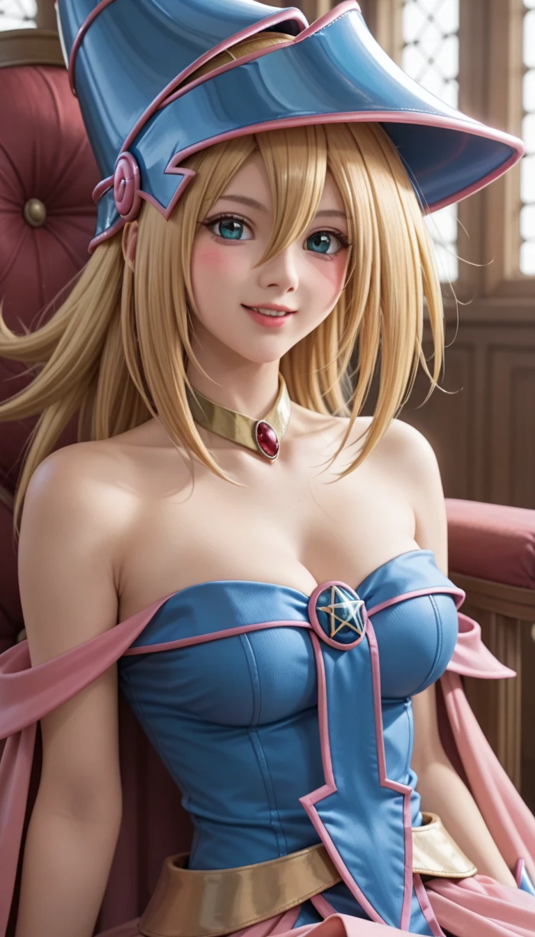 (best quality, masterpiece:1.4), absurdres, ultra-detailed CG, 8k, high detailed, beautiful face, detailed face, 1girl, solo ahri star guardian, IncrsAhriSG, animal ears, fox tail, multiple tails, hair ornament, highlighted sleeves, bare shoulders, skirt, zettai ryouiki, magic, multiple tails, blonde hair, light smile, thick lips, huge breasts, perfect body, thin waist, wide hips