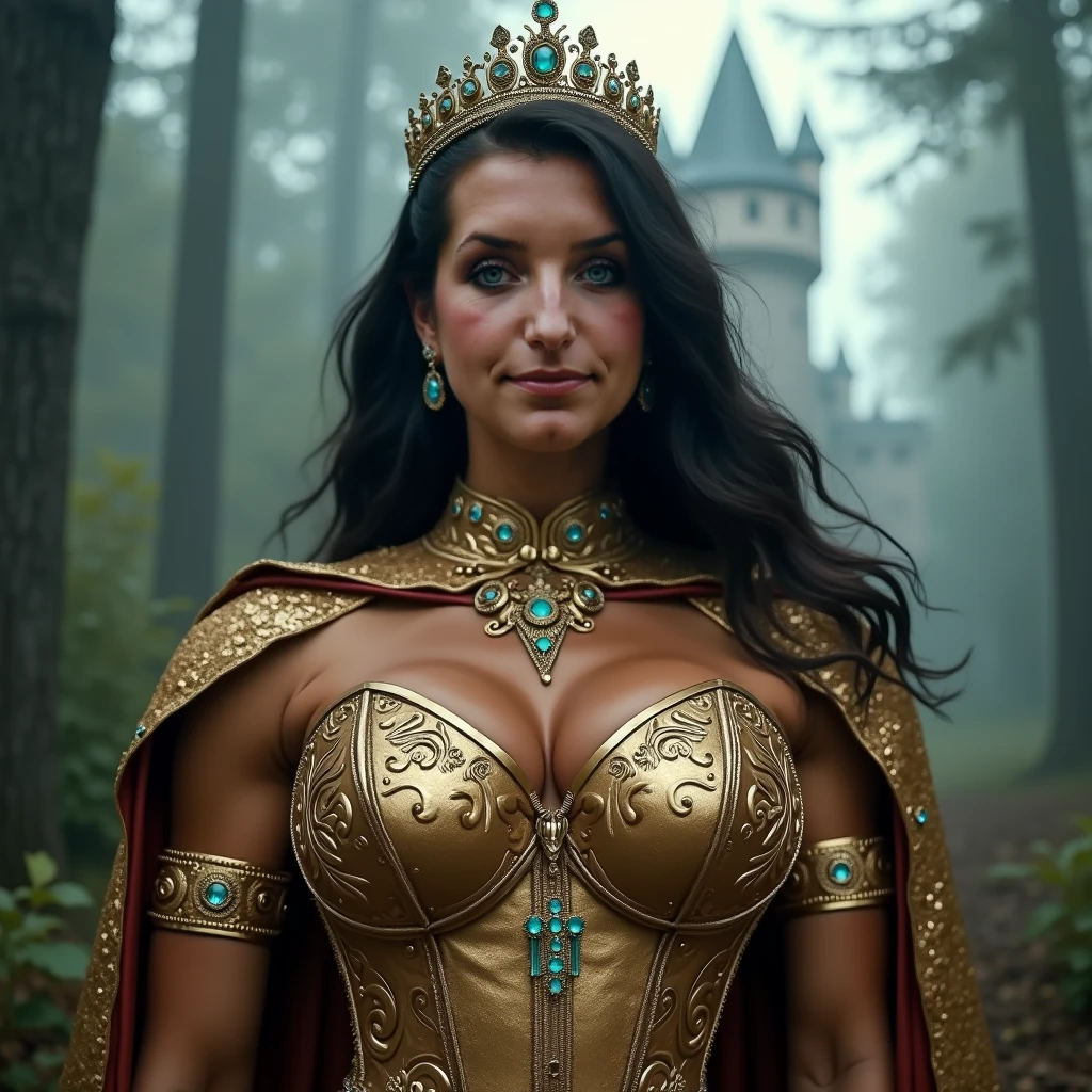 A high quality 2020s fantasy movie still, with heavy film grain. (full body photo). Soft, dramatic lighting. A seductive evil ((45 year old)) (Jewish woman), straight hair, queen, revealing outfit, large chest, ((plunging neckline)), wearing small ruby tiara, Large nose, wide chin, with broad shoulders, (thick body), wide hips, tan skin, long flowing open cape. Set in open fantasy (throne room), with a view to outside, beautiful masonry of an ancient elven castle. Soft warm candlelight. High Resolution, Very Long Hair, Large breasts,