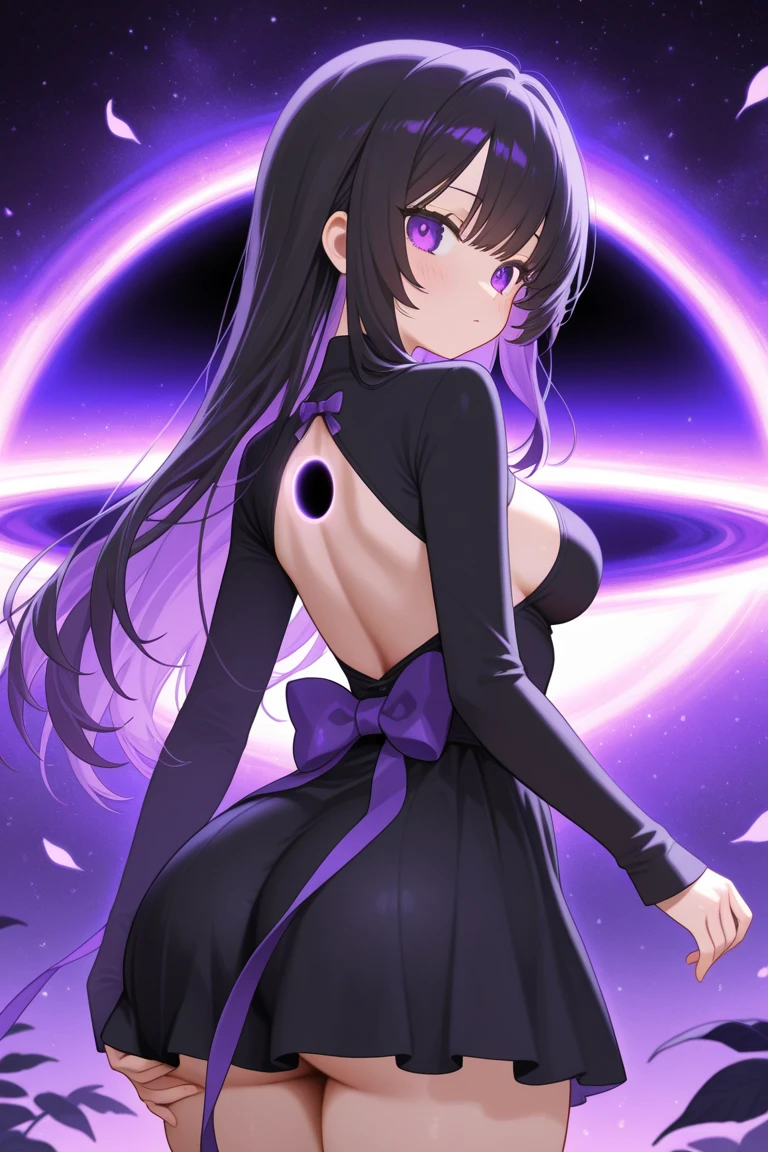 Athena，Purple one-way slightly messy long hair，Purple Eyes，Black one-piece dress，But the jumpsuit is sexy，barefoot，A black hole in the universe，Purple and black black hole，Draw a good look，Normal body proportions