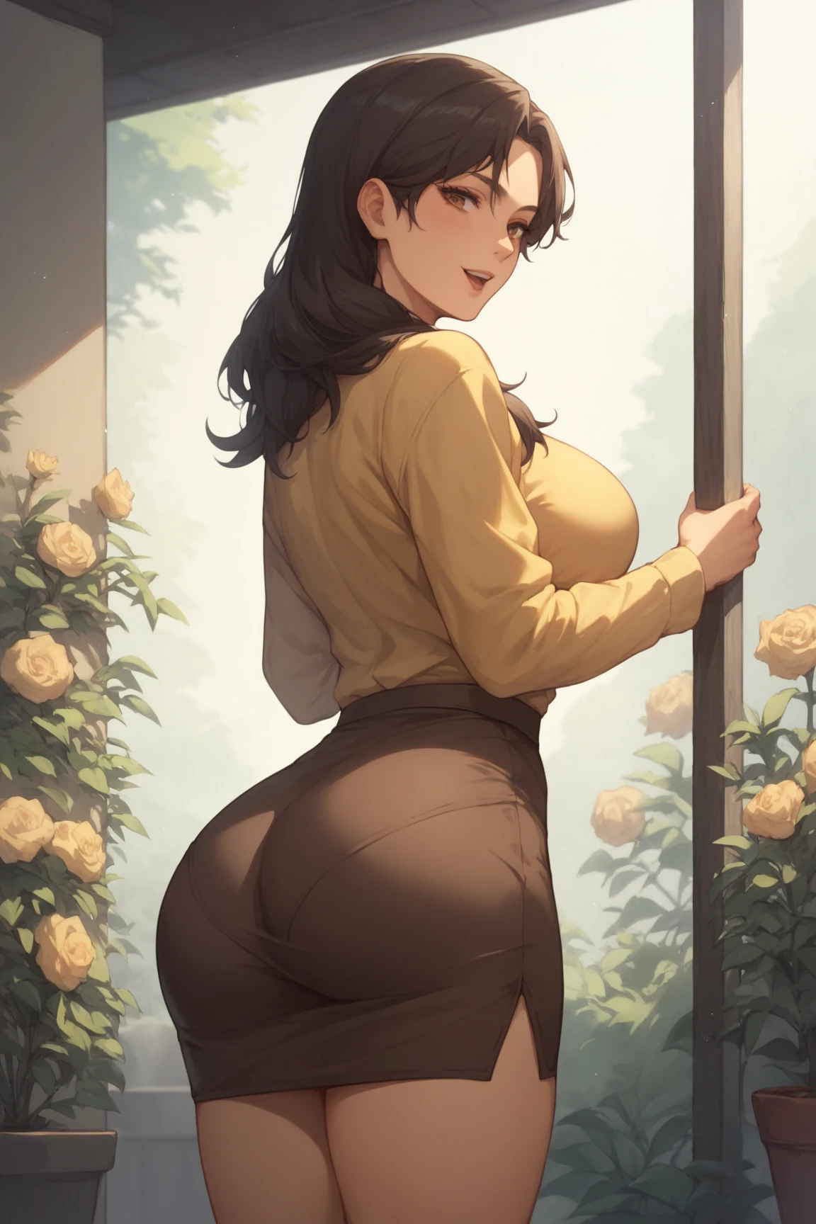 ((best quality)), 30 year old woman, , brown long hair, mage robes, sunset, sunny garden, showing butt pussy, close up, big butt,