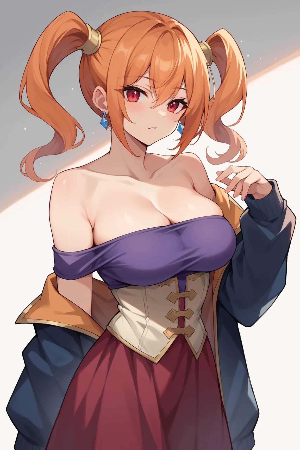 anime fairy tail, personaje lflare, pelo anaranjado largo en dos coletas, rostro hermoso, pecho grande, trasero grande, Curvaceous Body, calidad, 4k, adolescente, atractiva. Flare es una joven de piel clara de estatura media, con el pelo largo, color rojo, They are gathered on both sides of the head and tied into a pair of braided pigtails., masivas, que llegan hasta la cintura, y parecen seguir siendo por lo general arqueado, Backwards. Ella tiene labios gruesos y ojos rojizos, que siempre se muestran algo de par en par, que, junto con las cejas levantadas y perpetuamente su boca semi-abierta, gives him a somewhat crazy expression. Furthermore, ella parece tener bolsas visibles por debajo de los ojos, agregando a su aspecto distintivo. Flare posee un cuerpo muy voluptuoso, con senos masivos encontrados por las caderas de manera similar, la dota de una casi perfecta figura de un reloj de arena. Su hombro izquierdo tiene una cicatriz en forma de una "X", y su oscura marca de Gremio se encuentra en la parte superior de su pecho derecho. Flare tiene un vestido rojo muy revelador, que deja la mayor parte de su cuerpo superior al descubierto, es decir, su espalda, los lados y una gran parte de su escote que casi le llega hasta el ombligo (y, en consecuencia, parte de su marca de gremio) completamente expuestos, asegurado por correas de cuello halter. El vestido casi llega hasta los tobillos, con la parte que cubre sus piernas con volantes, and a lighter section, consisting of two elongated patches that act as a type of strap, en correspondencia a la cintura, al parecer, se cose a la ropa. El traje de Flare se completa con guantes largos que llegan casi hasta los hombros, haciendo coincidir su vestido en color, each with a small cut on the outer top edge, y las botas simples y de color claro