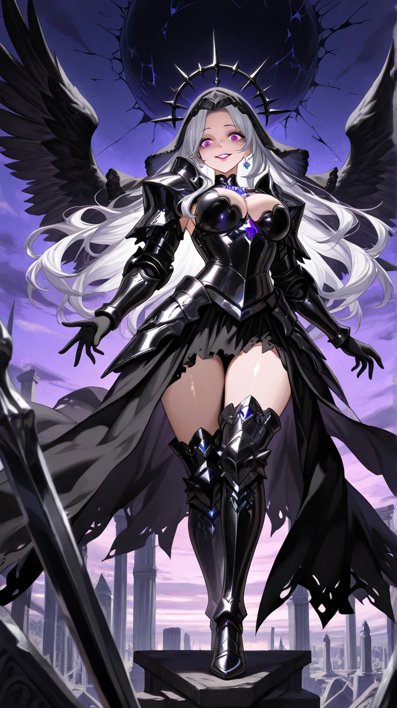 Super sexy powerful sorceress creating an earthquake with magic, beautiful image, highly detailed, dark robes, stockings, boots, dynamic pose, maximalist, Character focus ,sci-fi, looks into camera, (highly detailed face 1.6), (detailed legs 1.2), (detailed feet 1.2), full body image, science fiction, beautiful image, highly detailed, maximalist, dark anime, rain, neon, darkness, highly detailed, maximalist, cinematic