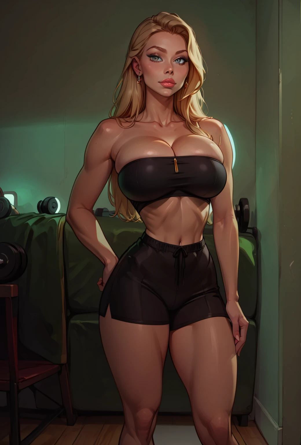 4k highly detailed realistic ((full body including legs)) photo of beautiful 18 year old Anglo-Saxon sweaty girl with ((sharp jawline)) and perky tits, in wet clothes standing by the bedroom window in a tall building with white walls in a wet sports bra with a deep neckline