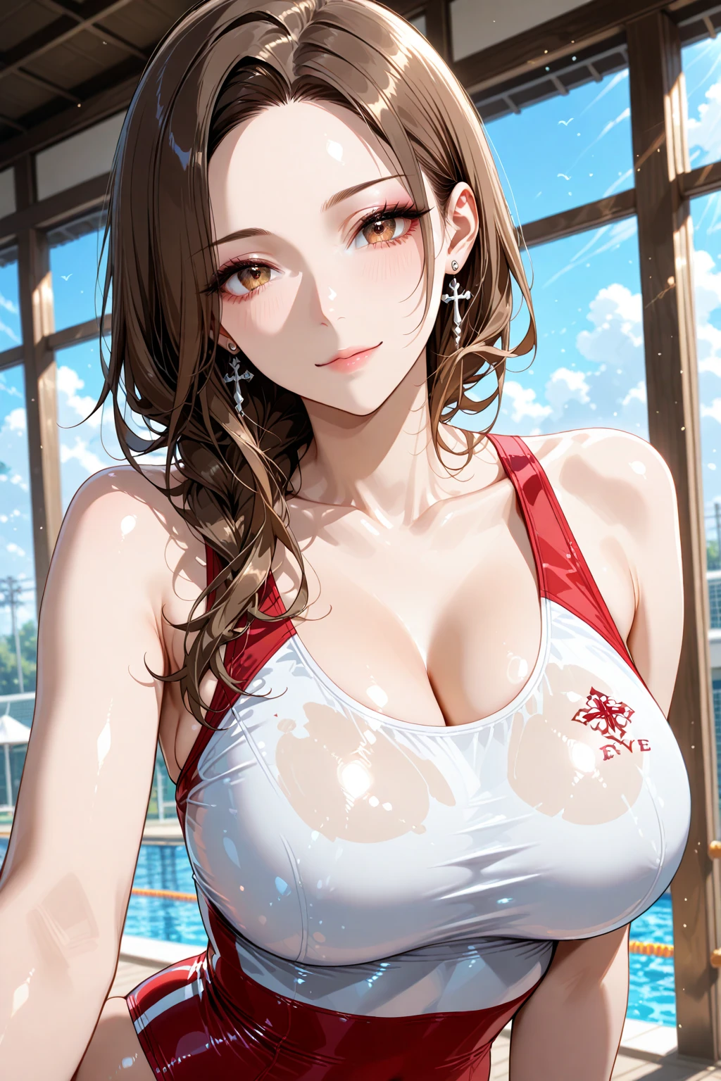 a busty heightened girl in her 20s wearing a red sarong and laced blouse