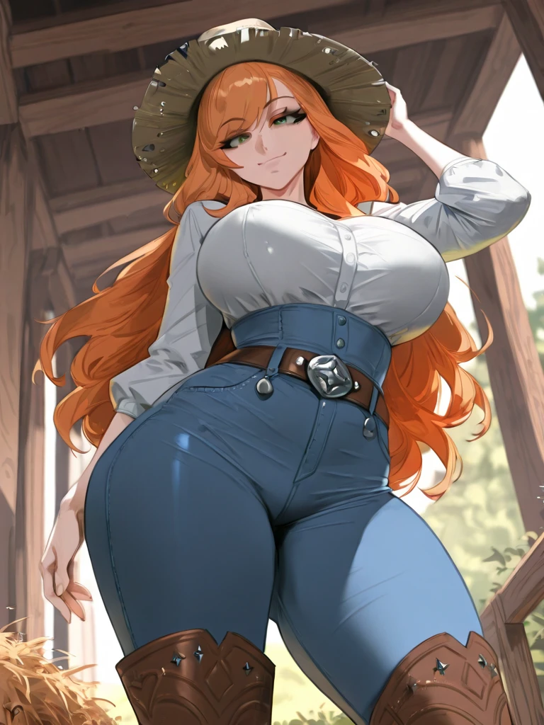 masterpiece,best quality,super detailed,ultra detailed,extreme detailed,extremely detailed,ultimate detailed,hyper detailed,JENNALYNNMEOWRI ,REDHEAD WOMAN, breast,happy smile,shy,farmer clothes,plaid shirt,denim jumpsuit,jeans,stands exactly in front of the viewer,in barn <lora:jenna:0.7>