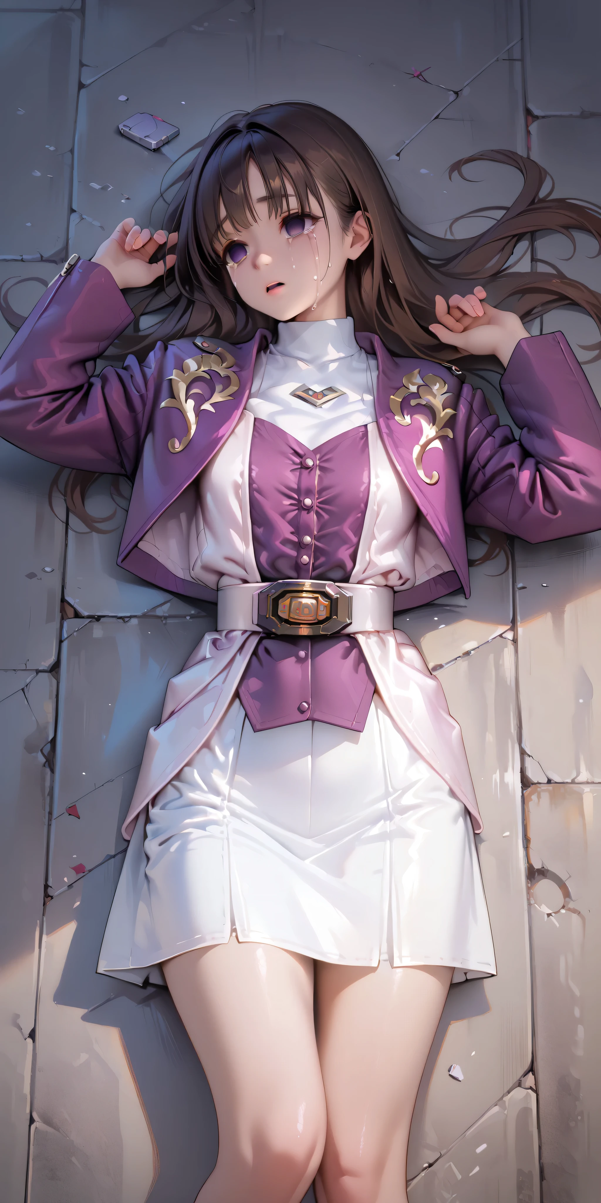 (High definition CG), (top quality), In a different dimension,1 girl, perfect face, wide hips, thin waist, ,purple bolero jacket,((White Skirt)),long sleeve, Pink Belt, straight and long hair , brown hair, ((( empty eyes ))),crying,opening their mouths,lying on the ground on your back,