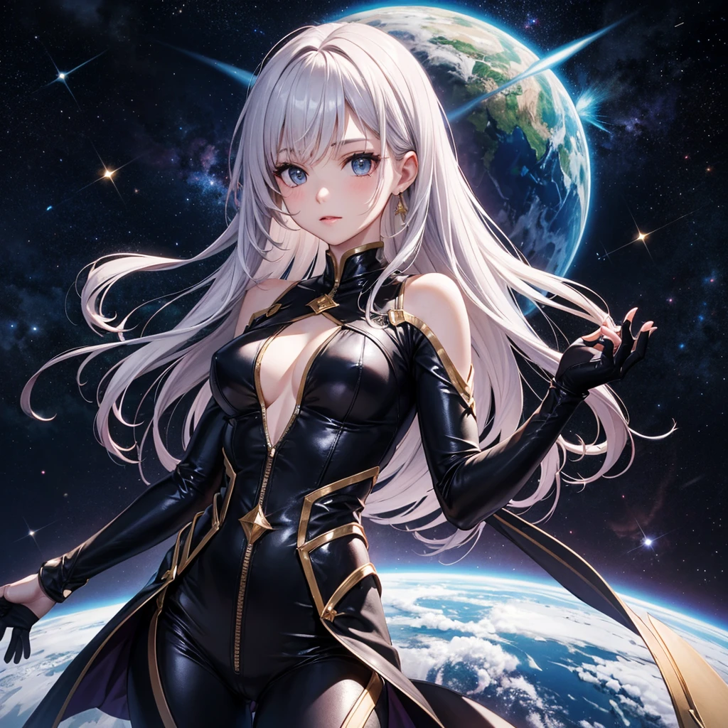 In this acrylic painting signed by the artist "ai Jonas," a wave of nostalgia sweeps through a vibrant, science fiction landscape. At the heart of the scene, a buxom woman with a sultry gaze commands attention as she pilots a sleek, retro-futuristic spaceship. Her curves are accentuated by a form-fitting spacesuit, a blend of vintage pin-up style and futuristic design, highlighting her confident and alluring presence. The cockpit around her is filled with glowing dials, levers, and screens that emit a warm, ambient light, casting soft shadows that enhance the nostalgic atmosphere. Through the viewport, a vast expanse of space unfolds, dotted with twinkling stars and distant galaxies, evoking the golden age of sci-fi dreams and adventures. The background features other spacecraft zipping by, with neon trails and distant planets adding depth and intrigue to the setting. The combination of classic beauty and futuristic elements creates a mesmerizing contrast, transporting viewers to a world where the past and future intertwine in a timeless dance of allure and adventure.