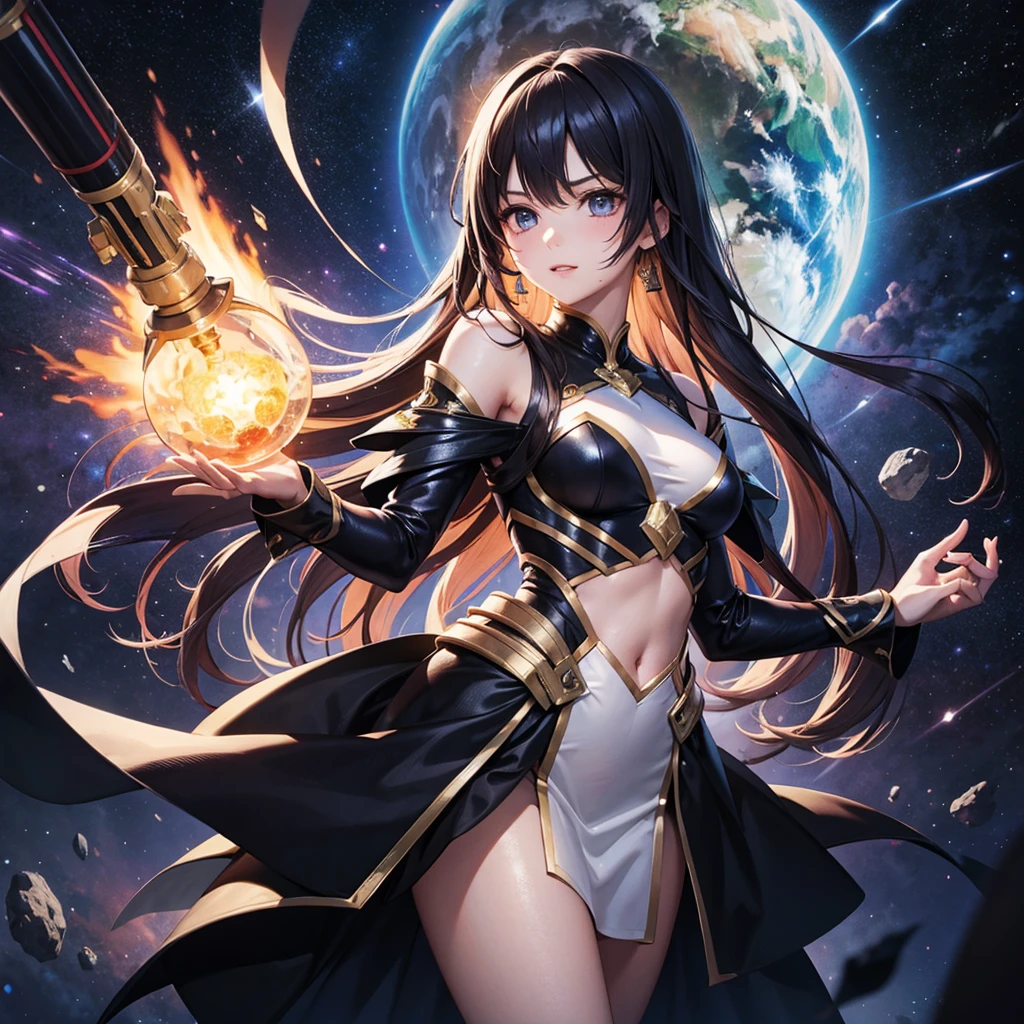 Woman with very long wavy black hair tan skin, good size breast, wearing a beautiful dark majenta glitter dress and smiling up. Little, surrounded by outerspace, planets, and galaxies