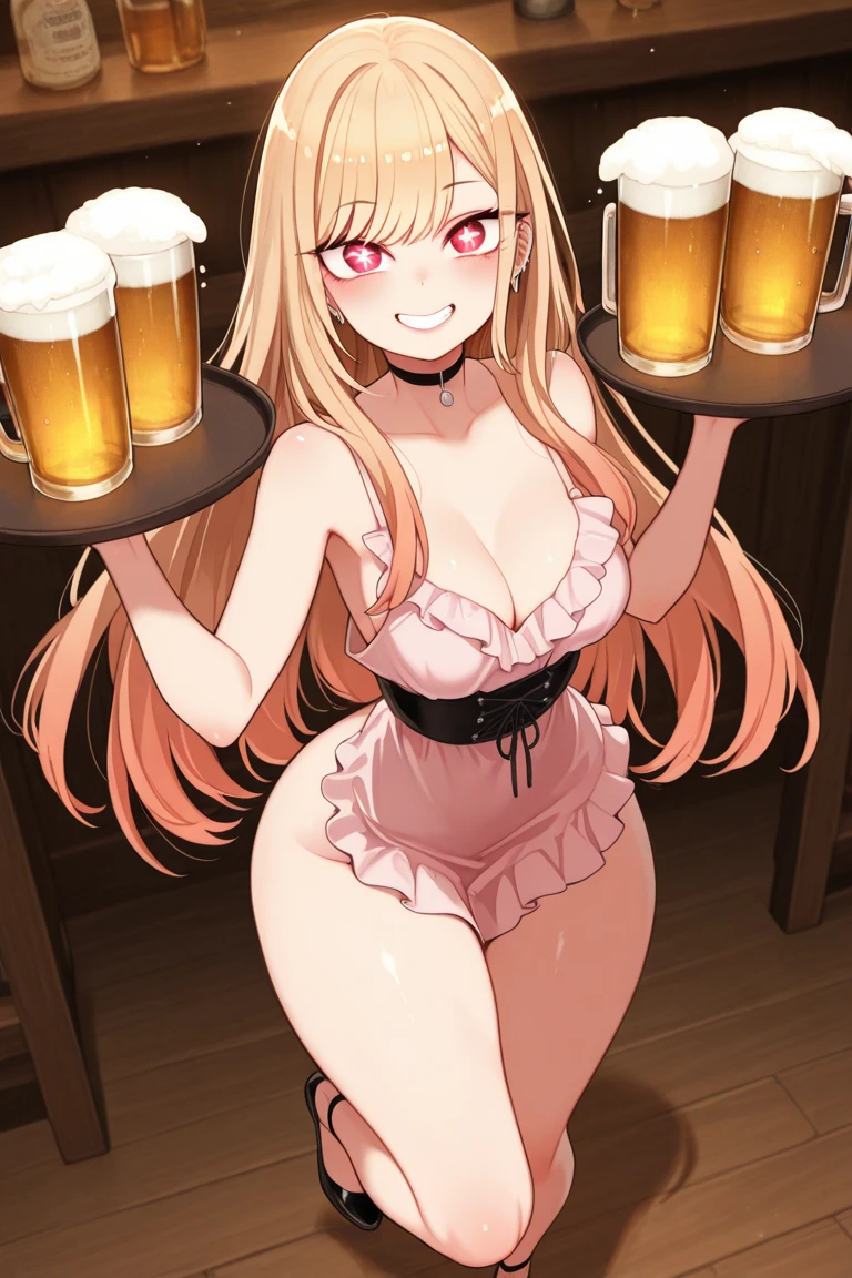 (source_anime), goddess, big breasts, voluptuous, wide hips, skimpy white gown, long blonde hair, tavern, drunk, (undressing), halo, golden laurels, nipples, (blonde) thick pubic hair, pussy