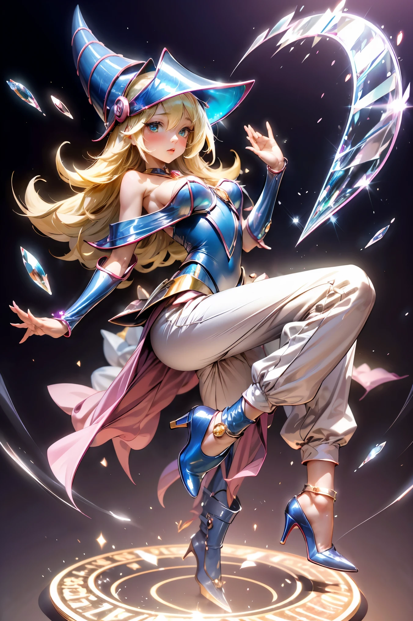dark magician girl, anatomically correct, beautiful detailed eyes, beautiful detailed lips, extremely detailed face, long eyelashes, dynamic pose, smiling, elegant, xianxia fantasy style, intricate details, masterpiece, 8k, photorealistic, vibrant colors, dramatic lighting, cinematic composition，solo