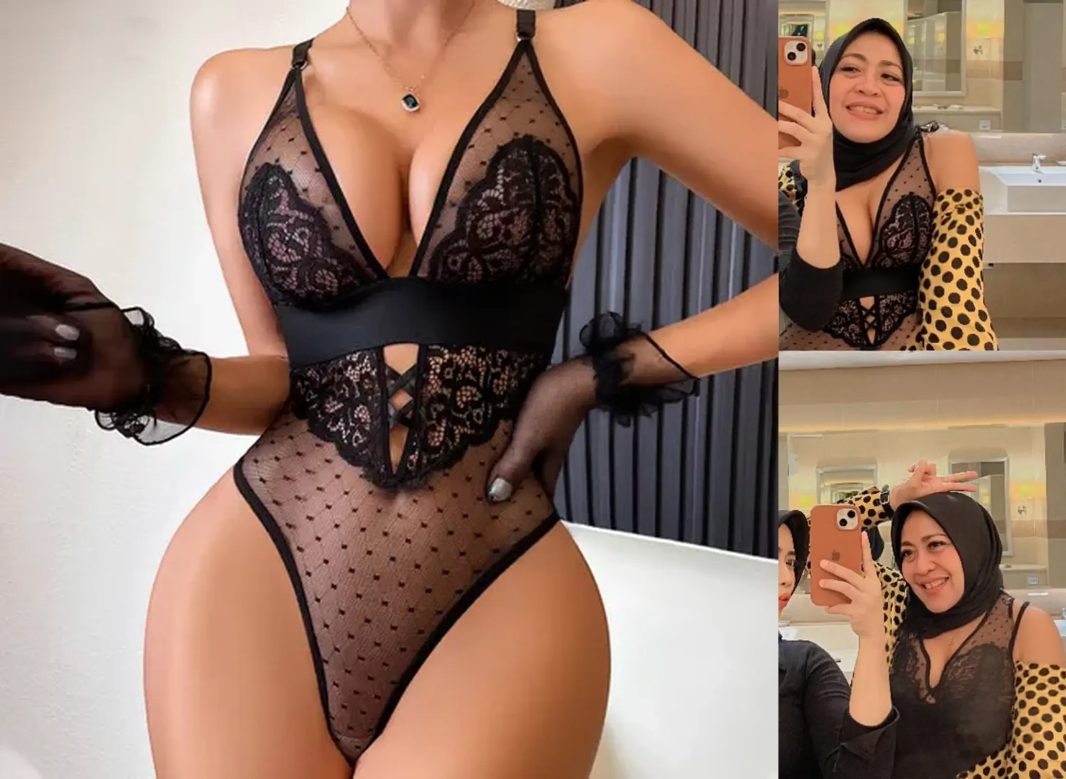 ((best quality)), (masterpiece), (perfect face), (perfect body shape), Hijab woman, Wearing Lace Garter Belt, ultra-sensuelle lingerie, curvy plump body, perfect body, room as background