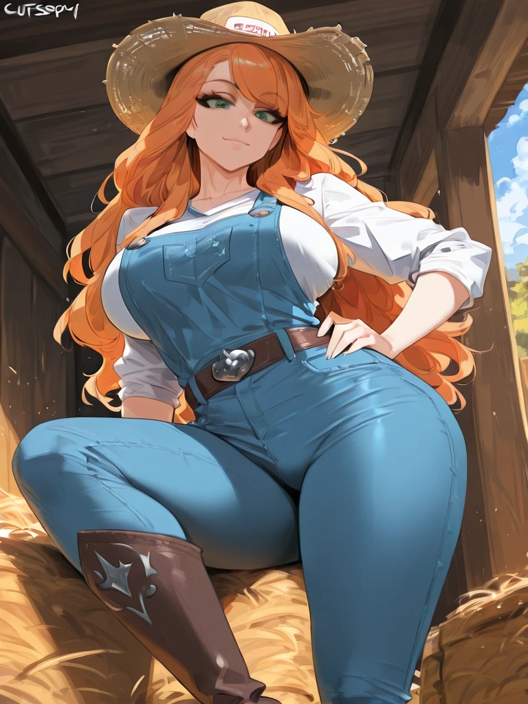 gadget_hackwrench, tiro de cowboy, sorriso, solo, Denim Jeans Pants, jaqueta pequena, botas altas, (alta qualidade: 1.2), obra-prima, detalhado, highres, 4k, sharp focus, estilo simples, desenho animado, [[anime]], large breasts:1.5, large buttocks:1.5, thickthighs:1.5