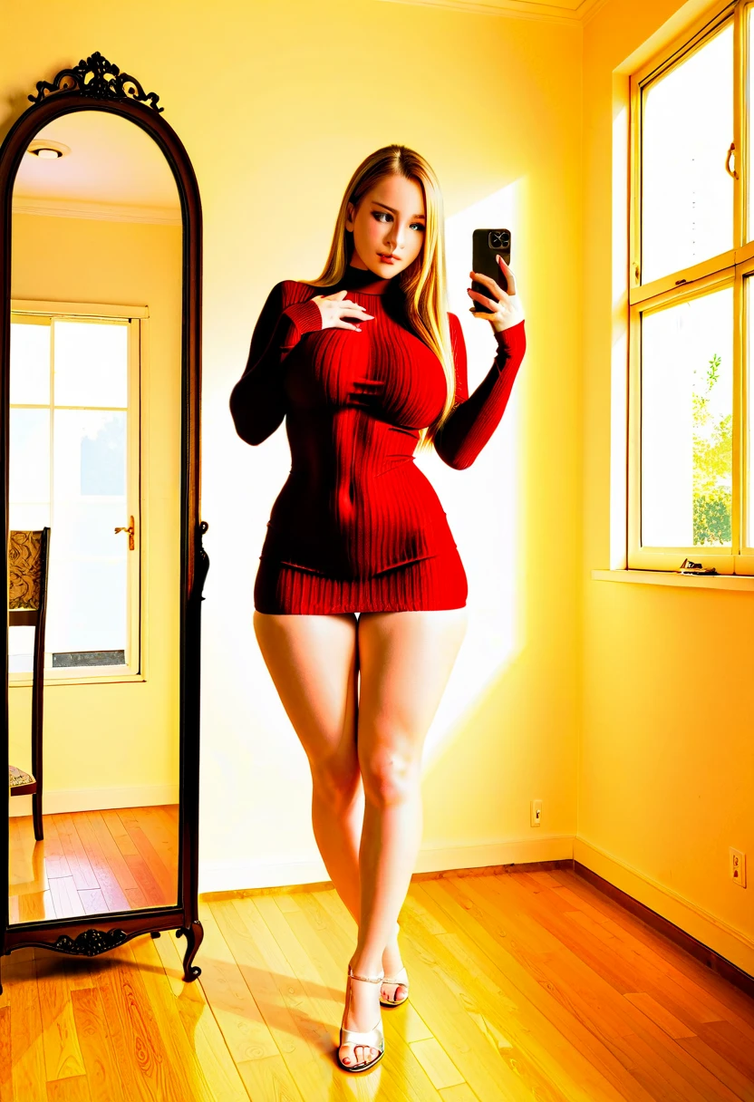 A beautiful 25-year-old woman with golden blonde hair and a Butterfly haircut. She has expressive green eyes, lips painted with red lipstick, a thin upturned nose, thick eyebrows, and long eyelashes. Her skin is fair and her body is curvy and proportionate, with an hourglass figure. She has large breasts, a slim waist, and a well-shaped large butt. Her arms are slender and her legs are thick and toned. She is wearing a tight red dress that accentuates her curves, with a deep neckline and a short skirt. Her shoes are high red heels. Her hands have no errors and her nails are painted wine red. The woman is alone in the photo, taking a selfie for her Instagram. The image must be extremely realistic.