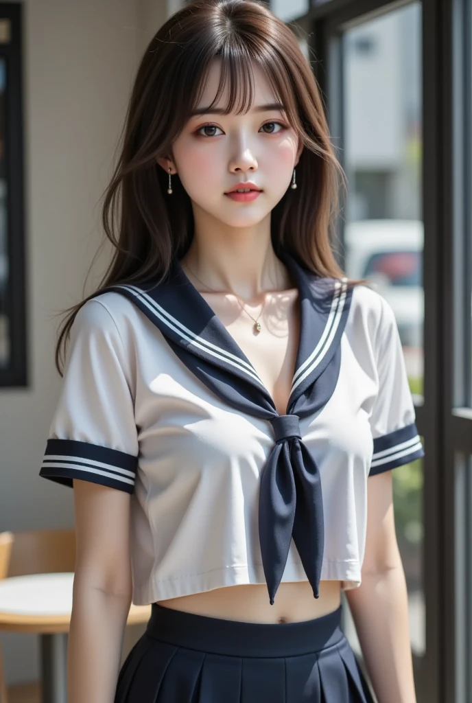 tutututu
black school uniform
black serafuku
sailor collar
black miniskirt
long sleeves, ((1 girl, Elegant posture)), Natural leg proportions, Visible cleavage, masterpiece, (best quality, 4K, 8K, high resolution, masterpiece:1.2), Extremely detailed, (Practical, photoPractical, photo-Practical:1.37), Official Art, CG, Anatomically correct, Random Scenes, Random shooting angle, Movie, photography, Intricate background, Soft lighting, Subtle shadows, Vibrant colors, Expressive eyes, Beautiful, high class boutique, Ambience, A moment of honesty, Natural expression, Detailed texture, Fine details, Refined and elegant, Exquisite style, Artistic Composition, Beautifully presented.