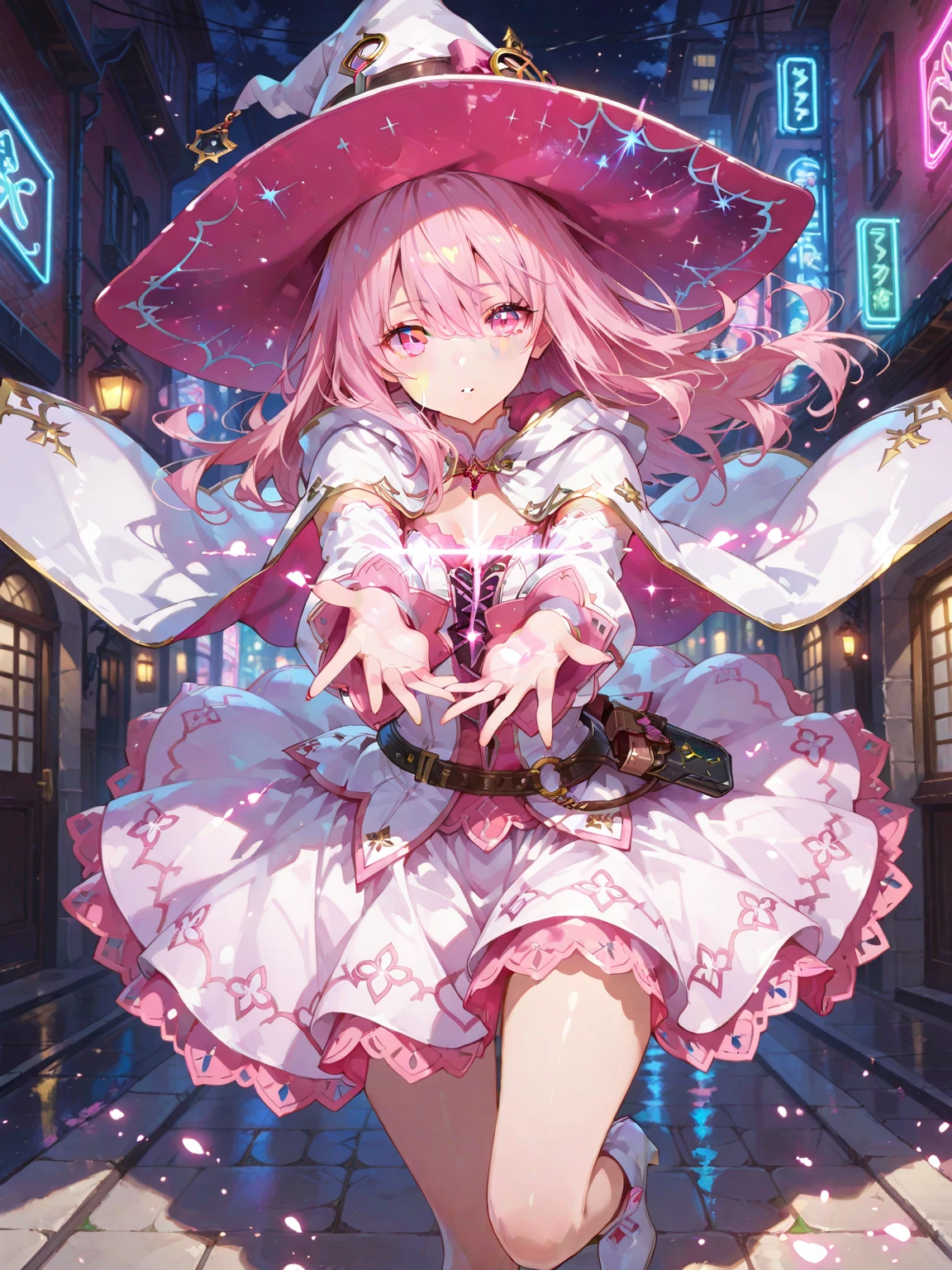 (Flying debris), (Highest quality), Very detailed, ((1 person)), Focus Only,Low - Angle,dynamic,Jump,((smile)),Perfect Face, Beautiful Face, Very detailedな顔,(Pink long hair_Pink Eyes:1.3),Idol Costumes,Idle only,Gorgeous hair ornament,sing,Laugh with your mouth wide open,Laser light,Large Breasts, Overlooking, Streetscape