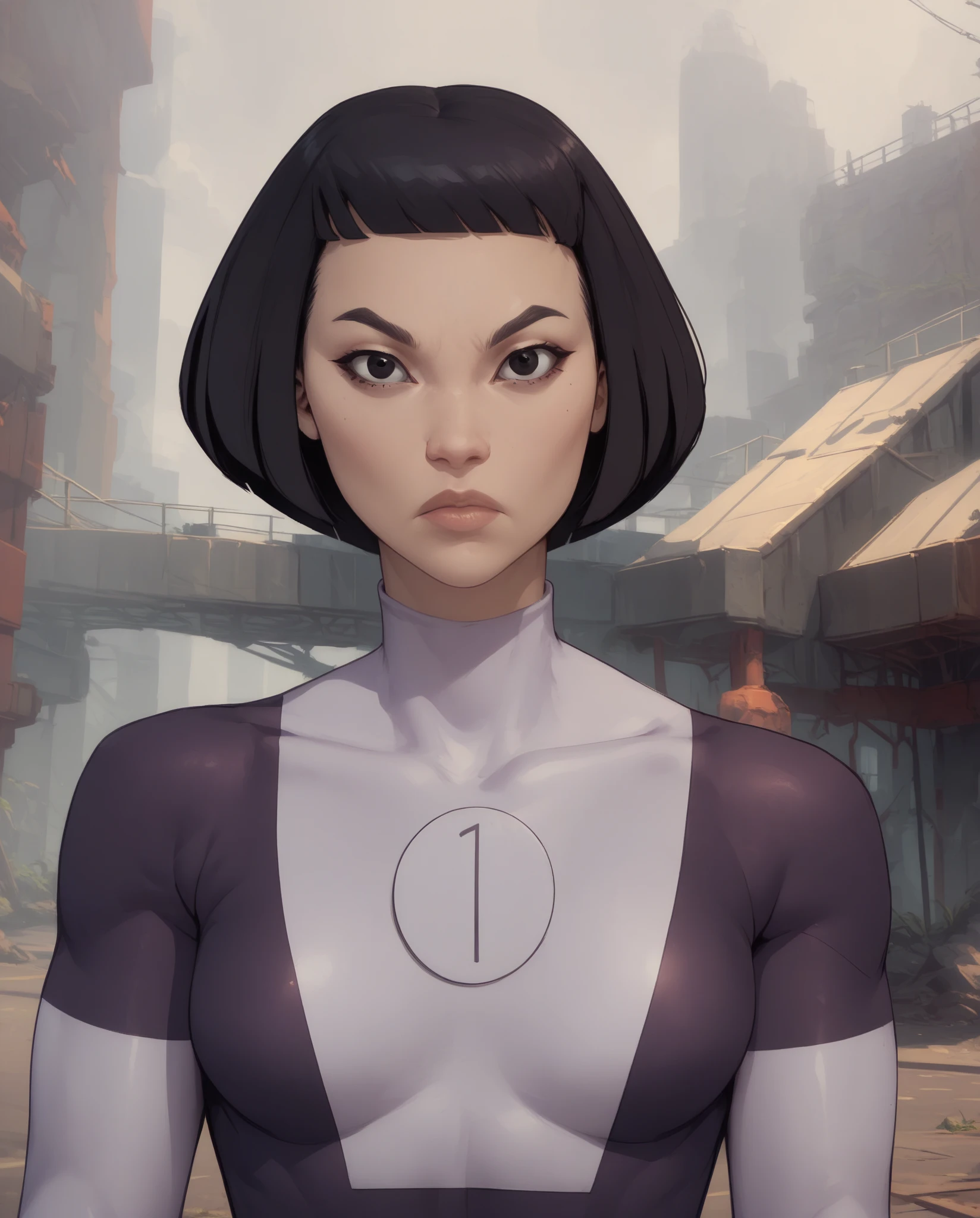 anime style, seductive smile, 1girl, woman, (chocolate afropunk nun:1.3), bright darkgoldenrod eyes, (from above:1.8),(from above:1.45),wings, (raincoat:1.2) [:revealing costume design:0.2], bombshell hair, indigo and purple hair, pixie cut, iridescent lightgoldenrodyellow clothes, slim, atheletic figure, narrow waist, small breasts, korean, Cleanroom \(room\) in a ghostly scifi town outside of time<lora:EnvyStarlightMoodyAnime01:1>