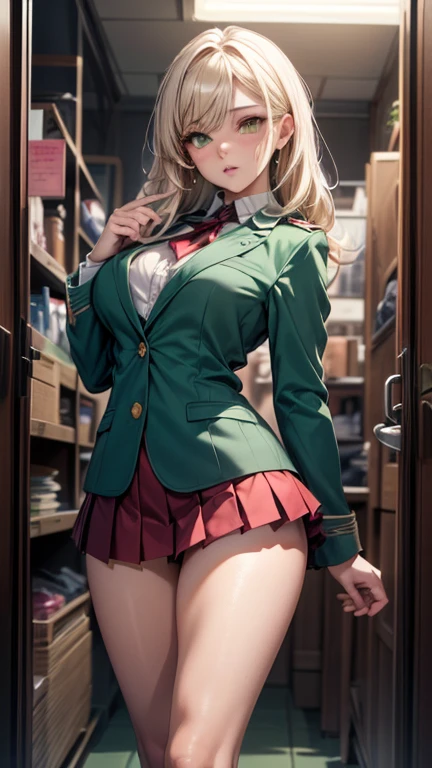 (masterpiece:1.5), (medium breasts), 1 girl, young woman, (Beautiful Girl:1.5), (extremely detailed and delicate anime face and eyes:1.5), whole body, (natural light, HDR, extremely details CG:1.3), (dynamic posture:1.3), {correct body anatomy}, (wide hips:1.4), (perfect hands:1.3), single focus, toned body, Beautiful Lips, thick lips, {surreal}, {correct posture}, {minutes details}, {detailed body}, {detailed clothing}, {glasses}, (cleavage: 1.3), {accessories}, {sexy}, {solo}, (school uniform: 1.5), high school student outfit, (school jacket: 1.5), long sleeves jacket, short skirt, (pleated short skirt: 1.3), (thigh-high pantyhose: 1.3), black pantyhose, blouse, ribbon tie, lace collar with tie, high heel boots, earrings, necklace, hairband, hairclip, (light smile: 1.3), long hair, (two-tone hair: 1.5), (blonde hair: 1.5), (pink hair: 1.3), (green hair: 1.2), (blue eyes: 1.3),