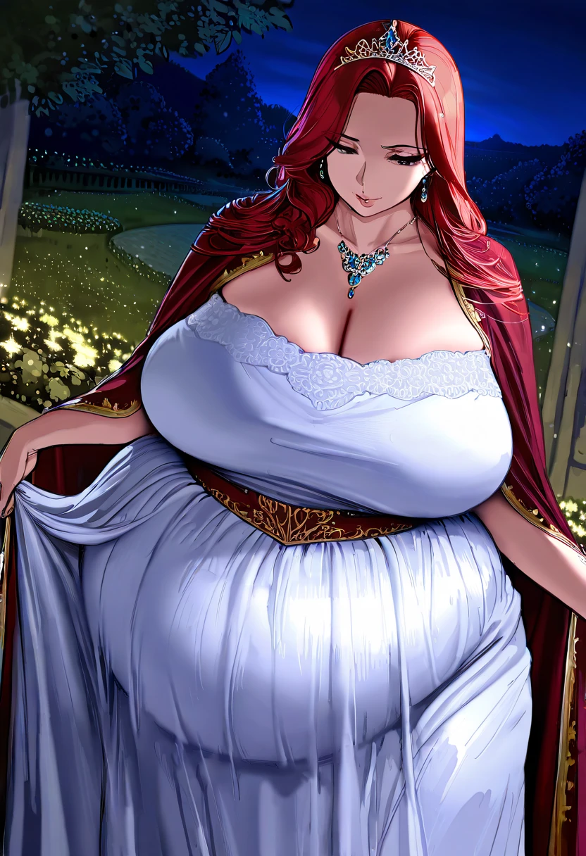 (masterpiece, best quality, high quality, highres:1.4), detailed, extremely detailed, ambient soft lighting, 4K, 1girl, (milf:1.2), (Solo:1.4), standing, (face focus:1.2), long hair, red hair, (big hair:1.4), (blue eyes, smiling:1.2), curvy, voluptuous, huge breasts, (bursting breasts:1.2), wide hips, narrow waist, dark lipstick, thick eyelashes, eyeshadow, (jewelry, necklace, tiara, dress:1.3), outdoor, gothichorrorai <lora:comicsCartoonStyle_v22:1> <lora:milfWeightEdit_v1:0.5> <lora:gothichorrorai_v10:0.8> <lora:LoconBurstingBreasts_v1:0.7>