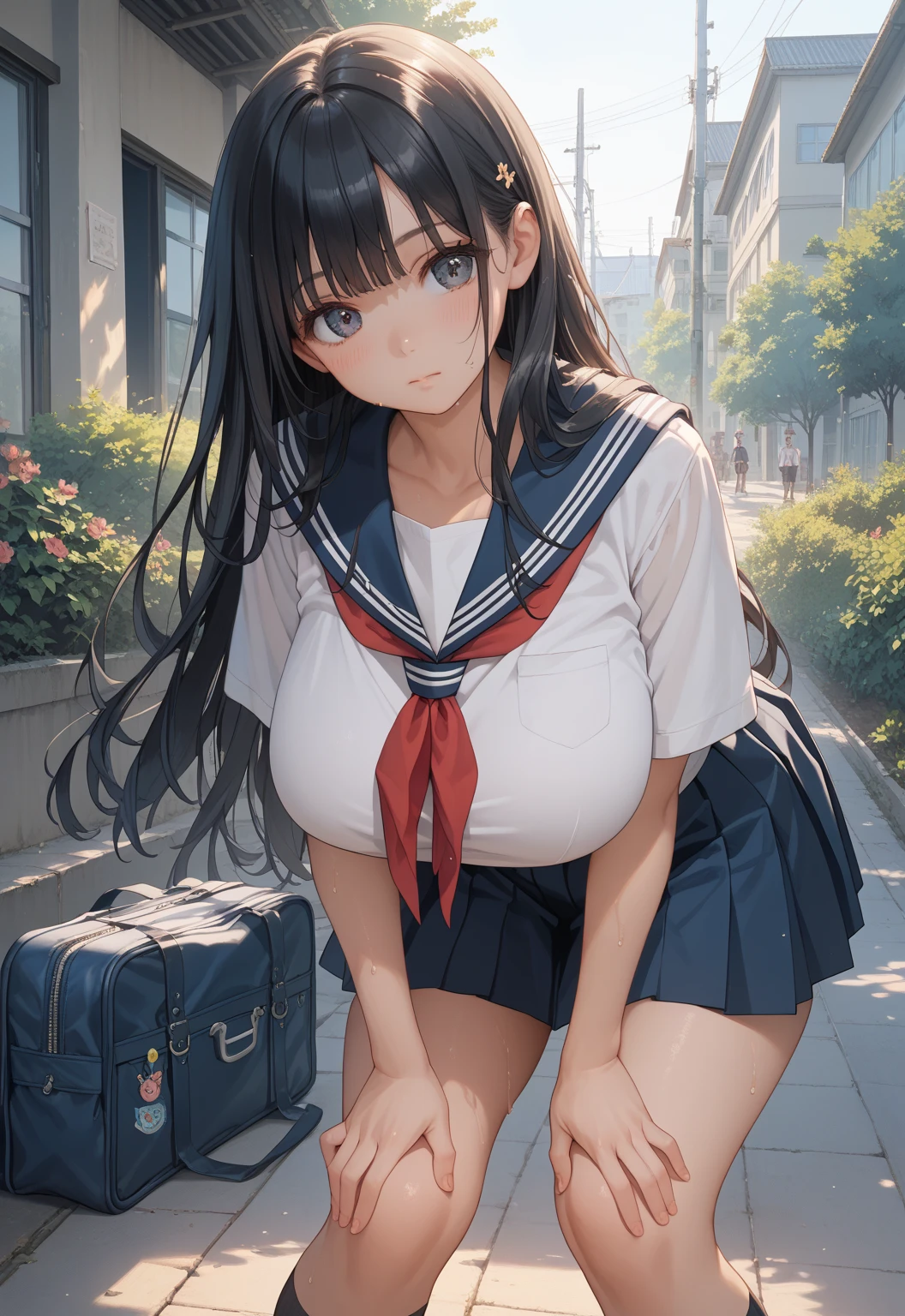 (​masterpiece), best quality, 1girl, she is eight years old, , young girl, She is short, flat breast, black hair, very long hair, looking at viewer, she doesn't be wearing bra, Nipple protrusions push up the uniform, she doesn't be wearing panties, 
White sailor suit with short sleeves, micro length sailor suit, belly button, breasts are visible between uniform and stomach, Nipples protruding through the sailor suit, covered erect nipples, The material of her uniform is so thin that her breasts are clearly visible, under breasts are visible lower the uniform, (under boob:1.5), flip up sailor suit by herself,
Navy blue pleated micro skirt, micro mini skirt, Super short length skirt with V-line visible, super low rise micro skirt, her crotch is visible because her skirt is too small, pussy is visible, white thigh high socks, her skirt is not turns up, no pubic hair, 
behind the building, There's a passerby behind her, blush, Alley, down town, Low angle from the front, she folds hands behind the back, 