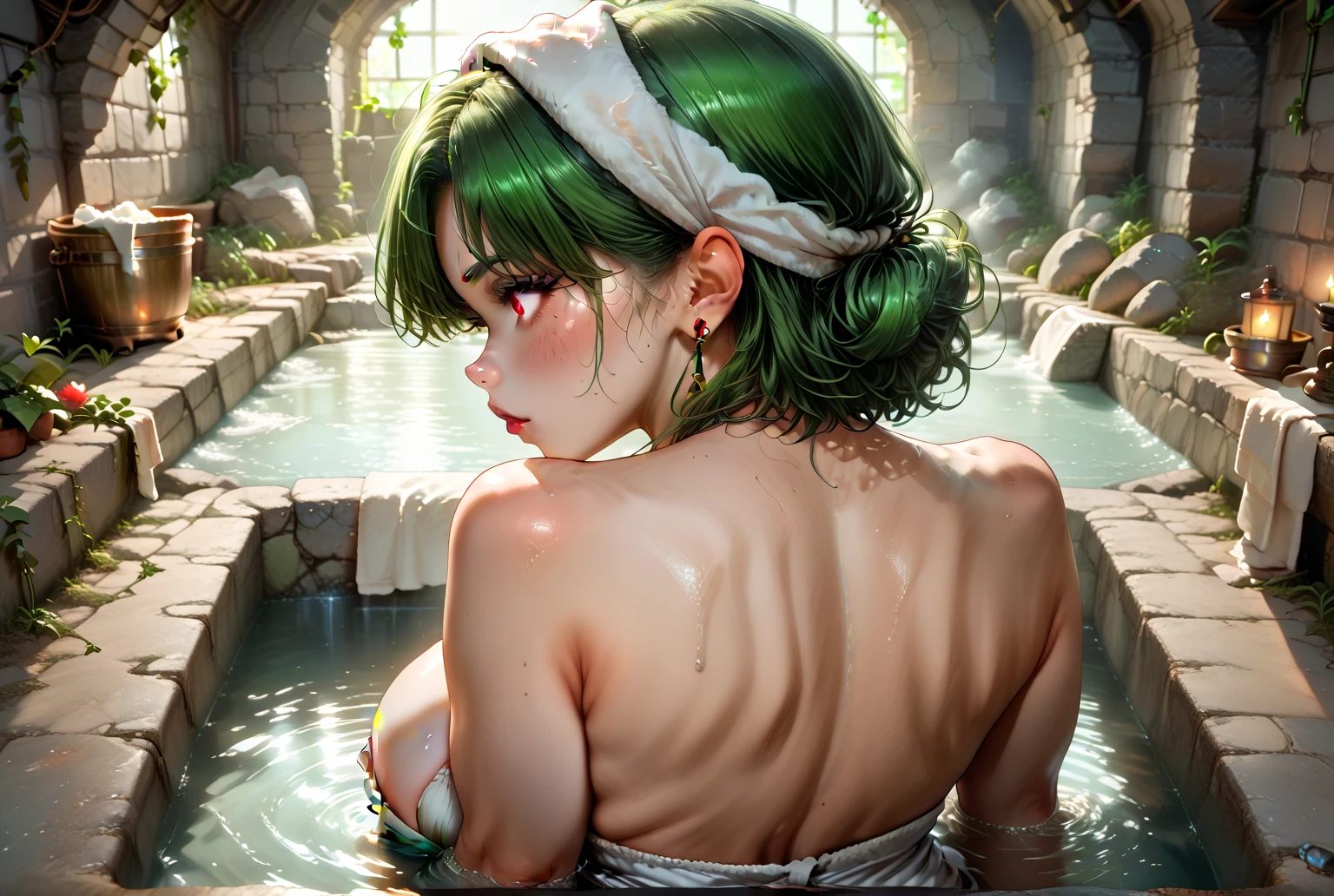 Wet,nude,topless,((highest quality)), ((masterpiece)), (become familiar with), perfect face, big breasts,photo shoot, , Strong design sense, shortcut, hair accessory, delicate skin, smile, simple background, high texture, glare backlight, professional studio lighting,green hair,thin waist,