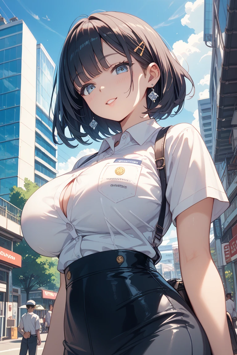 ,1 girl,Navy Blue American Police,navy blue mini skirt,Navy blue police hat,serious face,brown hair,bob hair,New York city,big breasts,blush,,On patrol,walk,diagonal,Slender