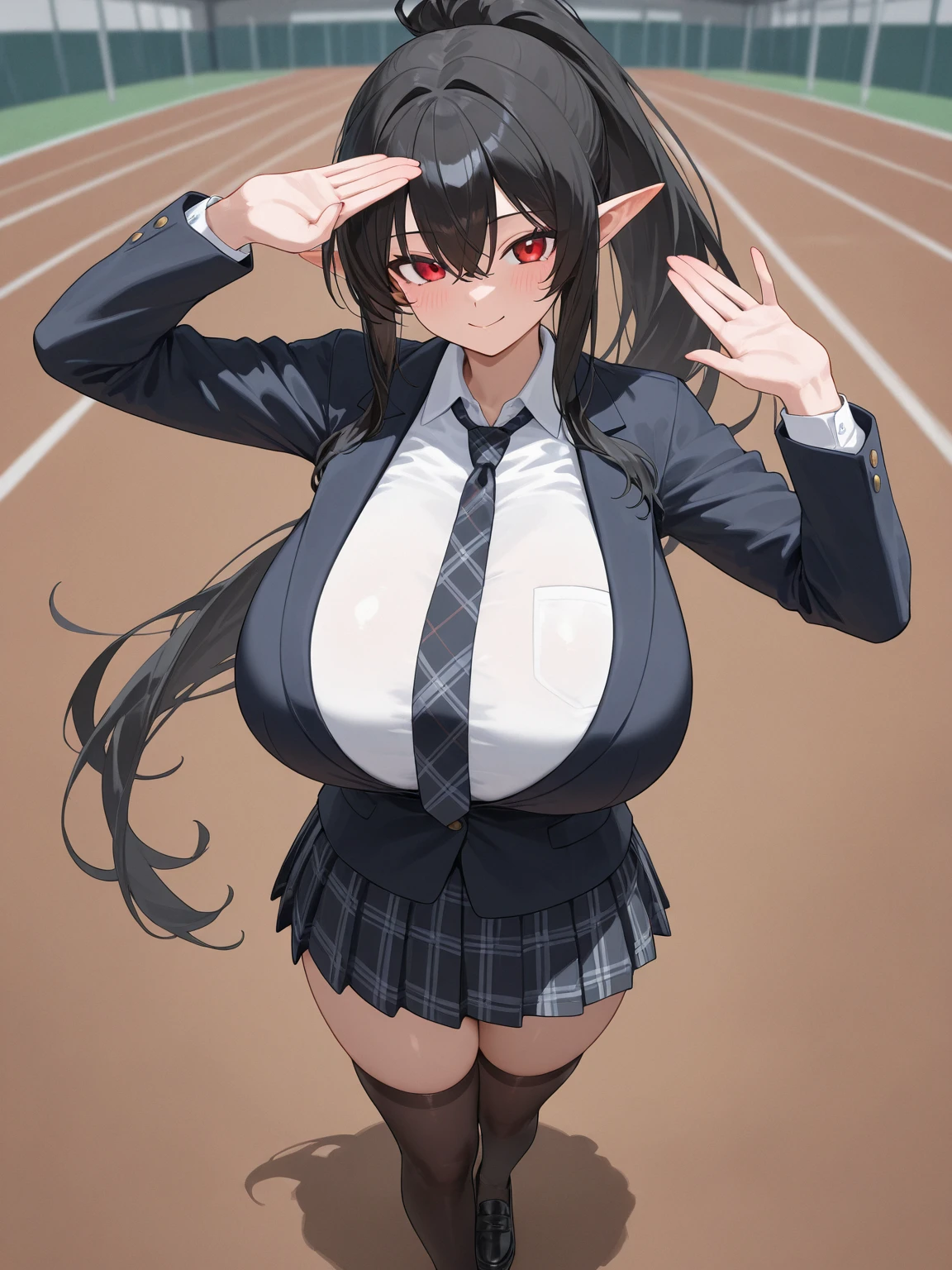 dendra pokemon, (brown eyes:1.5), black hair,long hair, nude, smiling, lewd, happy BREAK open black track jacket, high collar, ,black socks, bottomless,pussy,open shirt, exposed breasts topless, breasts, nudity, slutty expression, determined expression, confident, determined, dynamic pose, standing with legs apart, medium breasts, athletic body BREAK looking at viewer, full body, BREAK (dojo, fighting mats, setting is a fighting arena:1.2) BREAK (masterpiece:1.2), best quality, high resolution, unity 8k wallpaper, (illustration:0.8), (beautiful detailed eyes:1.6), extremely detailed face, perfect lighting, extremely detailed CG, (perfect hands, perfect anatomy), NSFW, (solo, 1girl:1.2)