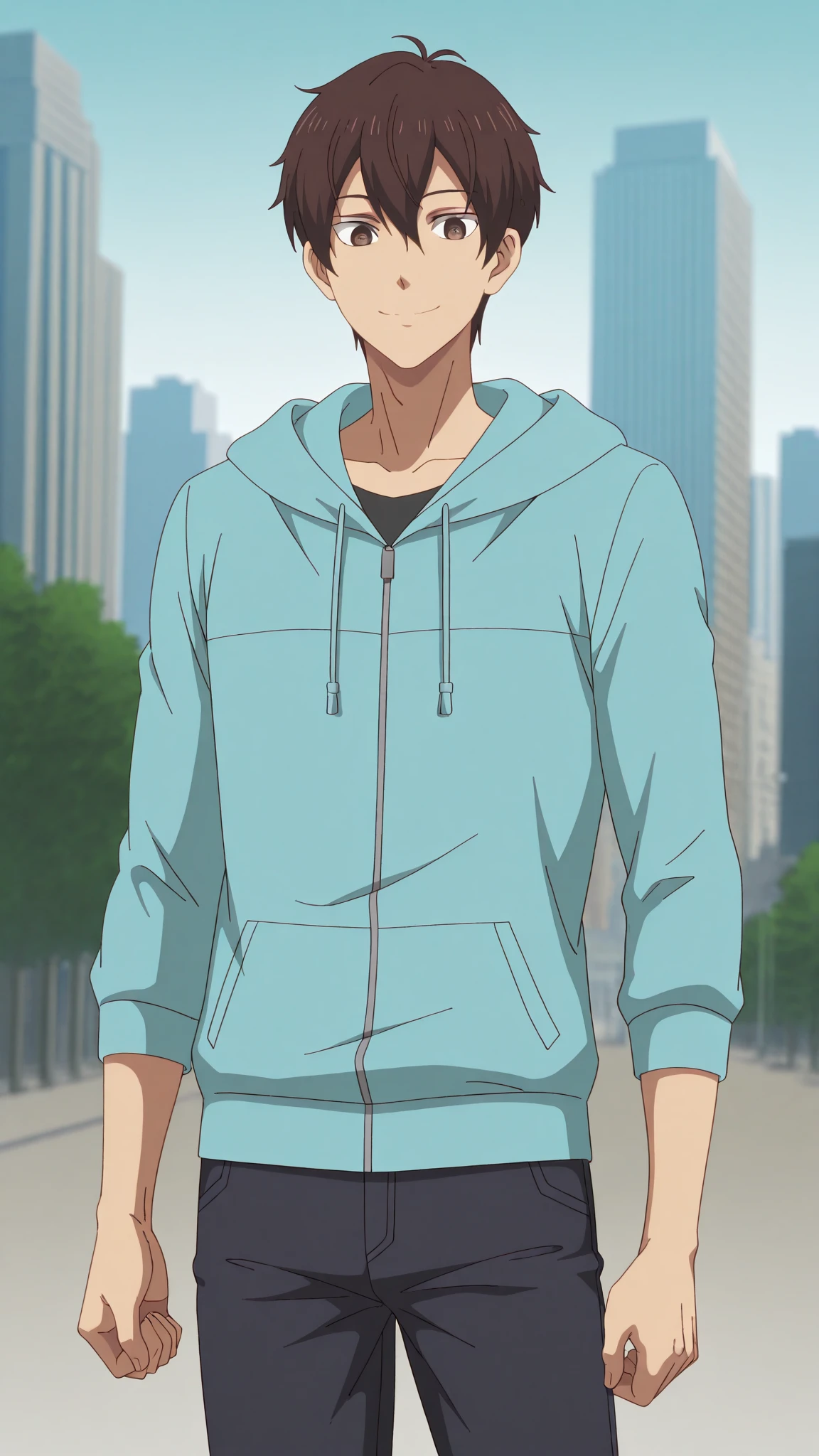 (masterpiece, best quality,) anime screencap, 1boy, 
black hair, r silver sunglasses, blue cyberhoodie, smiling face