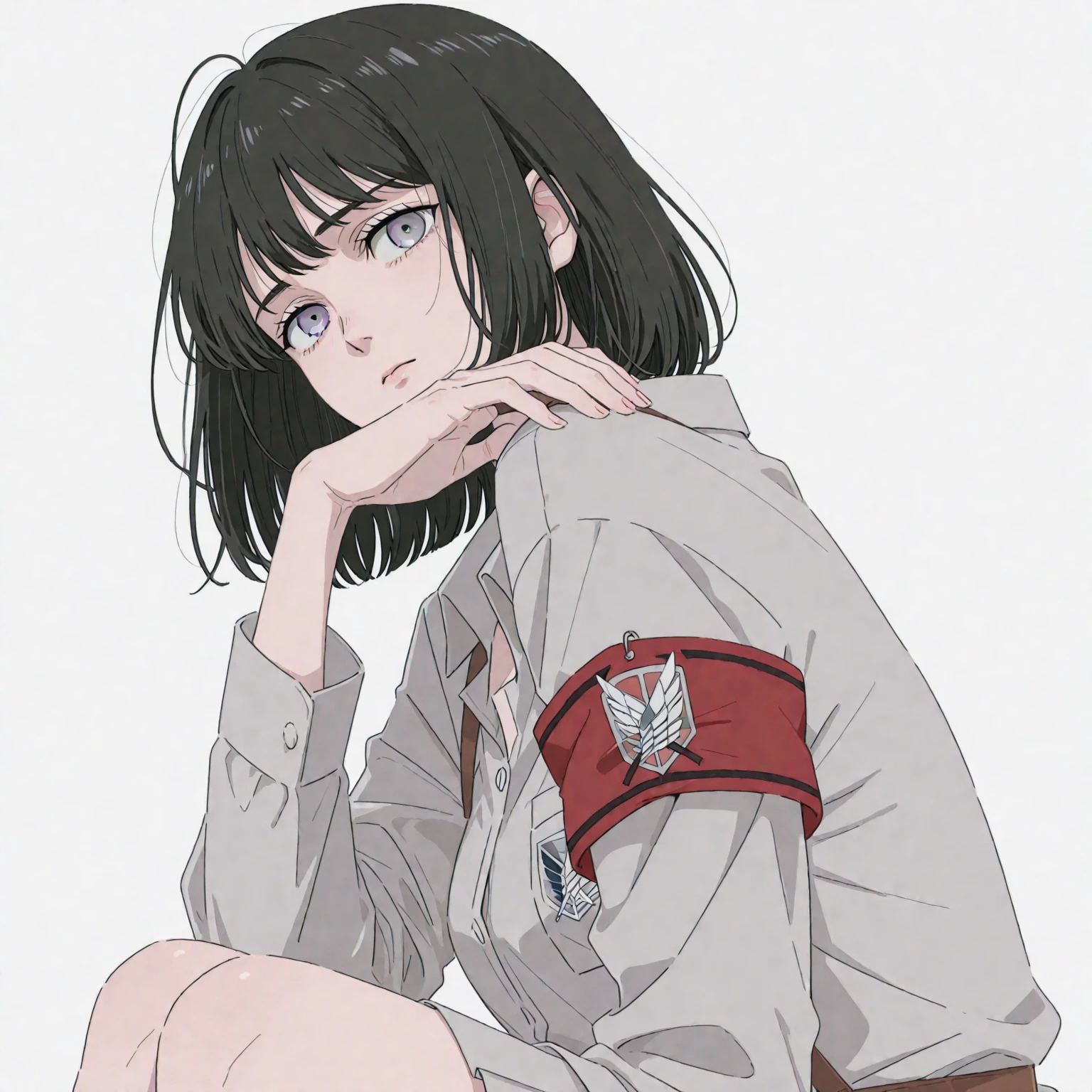 ((body)) skinny, short, pale, freckles on the face, 18 years old ((hair)) long black hair, messy, ((eyes)) green eyes, ((outfit)) school Japanese women's , tie, knitted shoe covers, black cotton fingerless gloves, black boots