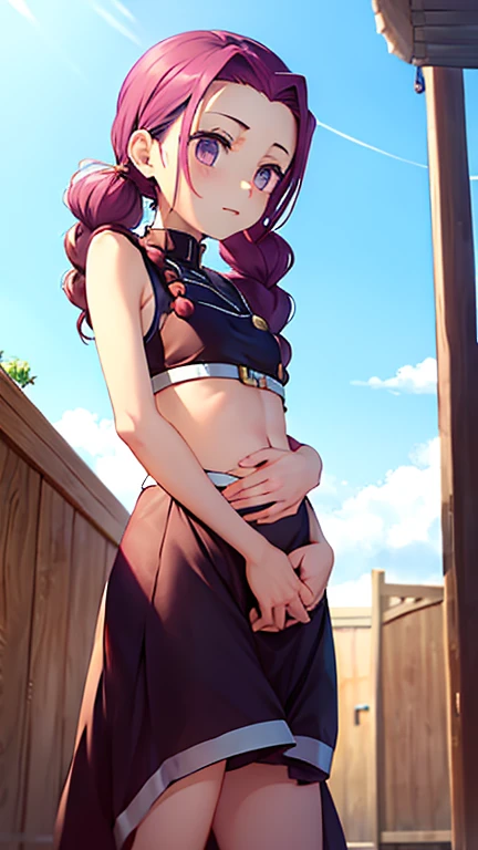 ((masterpiece,best quality)),high resolution,ultra detailed, detailed background,8k,16k,perfect lighting,detailed beautiful eyes,1girl,solo,nsfw,embarrassed,blush,look at viewer,((sweat,steam)),fisheye lens,confused,watery eye,(arms up,show off armpits,upper body:1.3), (steam,sweat:1.2),wavy mouth,open mouth,long nipple,topless, ,aura the guillotine, long hair, (purple eyes:1.1), purple hair, braid, horns, twin braids,(small breast,child_body)