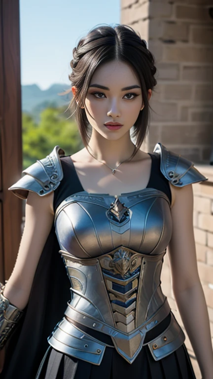 masterpiece, The best quality, Ultra-high resolution, High detail photo, Unity 8K Wallpaper, Extremely detailed CG:1.2), depth of field, bokeh, (RAW photo:1.realistic photography:1.4), (1girl:1.5), young, physically based representation, beautiful, (Finely detailed face:1.4, detailed clothing), (detailed:1.4) named (Eimi Fukada:1.1) BREAK Cara hermosa, depth of field, Add layer, hyperrealistic, 27 years old, perfect body model, perfect breasts, 175cm tall, pose sexy, full body, Whole body, Model Body Type, BREAK (extreme skin details:1.1), skin details, (Valkyrie costume:1.3), double eyelid BREAK smile, seductive pose, standing, standing outside, Santorini house, outdoor, Mediterranean style, (castle:1.3), (close up:0.3), feathers, floating feathers, french braidsNikon Z7 II camera, Fuji Velvia 50 film, 50mm lens, high saturation