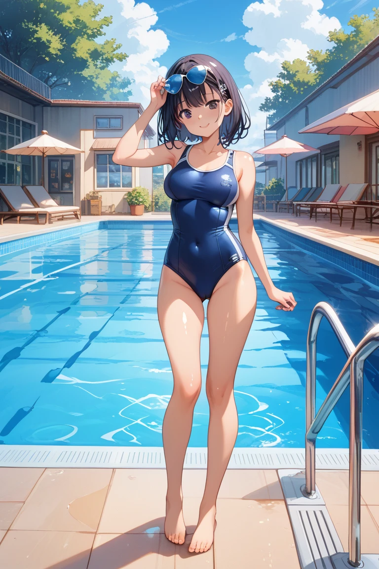 (Masterpiece)), 8k wallpaper,solo, Watanabe you, smile, detailed eyes, perfect eyes, wearing only a basic swimsuit and pumps,
The shoulder area of the swimsuit is a tank top type without decoration,
The waist of the swimsuit is a high-cut leotard type
The surface of the swimsuit is slippery, standing, energetic pose.