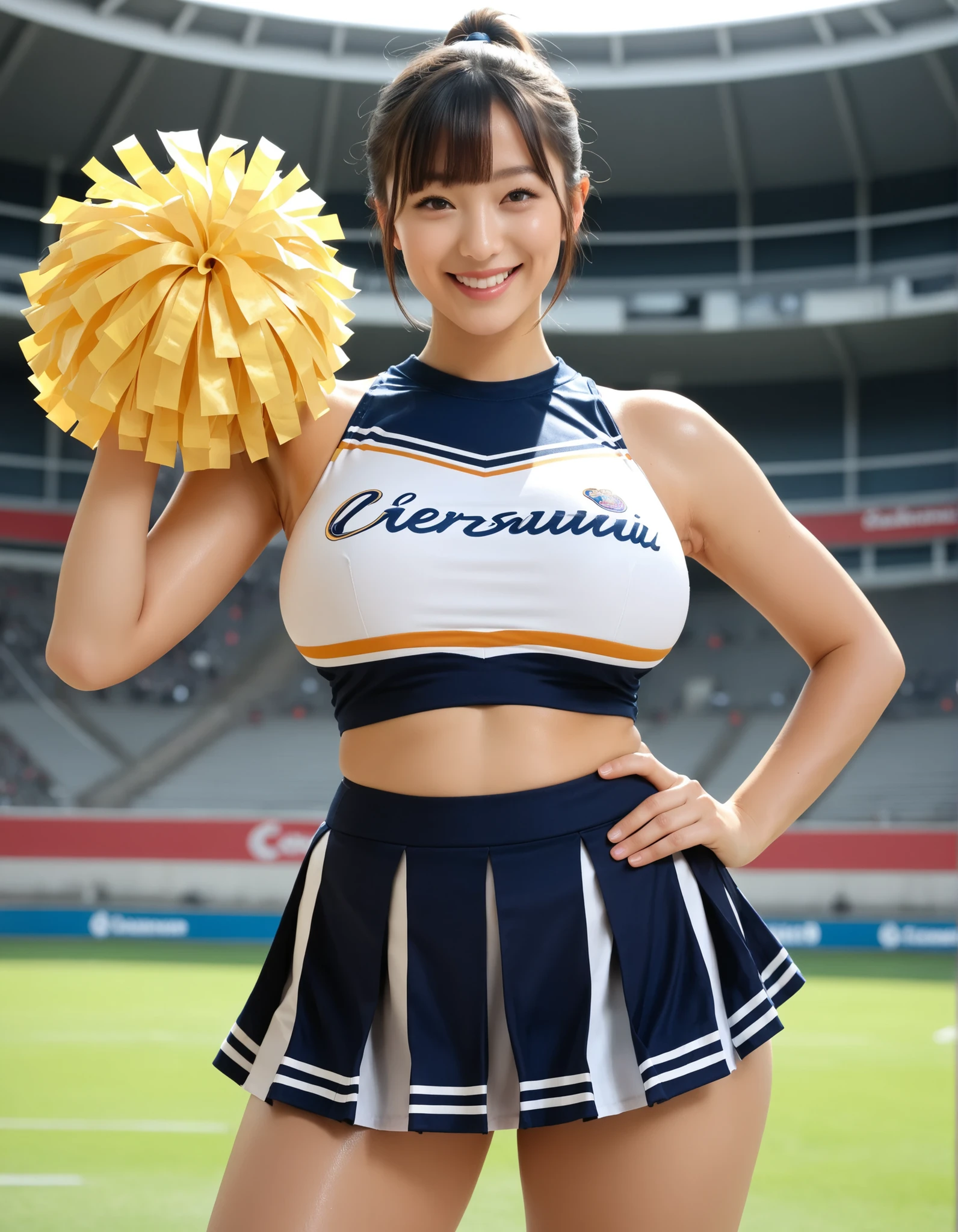 Score_9, Score_8_up, Score_7_up, Score_6_up, Score_5_up, Score_4_up, Source_real, Tag1, Tag2, Anatomically correct, realistic, 1 woman, 22 years old woman, beautiful woman, Highly detailed beautiful face and eyes, Detailed skin, (natural saggy big breast:1.2), big ass, thick thighs, wide hips, curvy, (oiled body:1.2), smile, (short ponytail hair with bangs), (tanned skin:1.1), (cheerleader, orange uniform, sleeveless, big pom-poms, short skirt, Knee high socks), armpits, one hand on hip, cowboy shot, Summer season atmosphere, Being in the football stadium,
