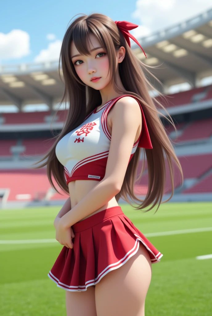 (ultra detailed eyes), (ultra detailed face),high quality, best image quality, masterpiece, teenage girl, 18 years old, very cute and beautiful cheerleader girl is dancing, dynamic pose, soft wavy hair, black hair, (smile:1.2), medium breast, (red tops with logo:1.3), (miniskirt:1.3), (panties), Armpits, Navel, thighs, Bare shoulders, Bare arms, Natural lighting, Hair fluttering in the wind, Beautiful detailed sky, stadium, ((Finest quality)), ultra high resolution, ultra-detailliert, Meticulous portrayal, ((Best Anime)),