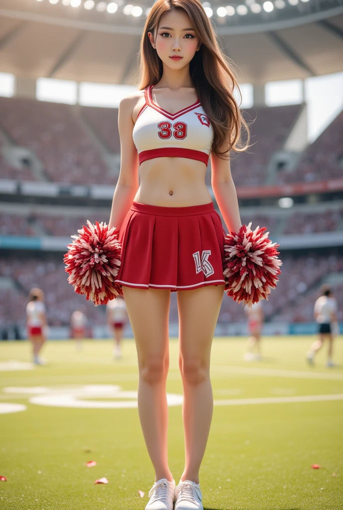 masterpiece, Highest quality, Very detailed, High resolution, (Realistic, photoRealistic:1.37), Excellent anatomy, One beautiful woman, 18-year-old, Height: 152cm, Cheerleader, (Holding a pom-pom in both hands:1.5), A small smile, cheer leading, ブルーCheerleader uniform, (shape), Micro Pleated Mini Skirt, No underwear, ((Very delicate and beautiful)), ((Stadium Background:1.2)), Brown Hair, Long Hair, bangs, Very beautiful face, Cute type, Big Natural Color Lip, Small and cute nose, Big and pretty eyes, Brown eyes, Obvious double, Shiny highlight spots around the eyes, Character Focus, Tilt your head, The best light, Best Shadow, mysterious, Perfect Face, Very detailed, Soft Skin, (Glowing Skin, Sweaty: 1.2), Beautiful feet, Voluptuous thighs, Plump body, Huge breasts, (Expresses the roundness and softness of the chest area.........1), Beautiful body, (The perfect woman), Spread your legs, ((Provocative dynamic pose)), Skirt flip, (Spreading pussy:1.5