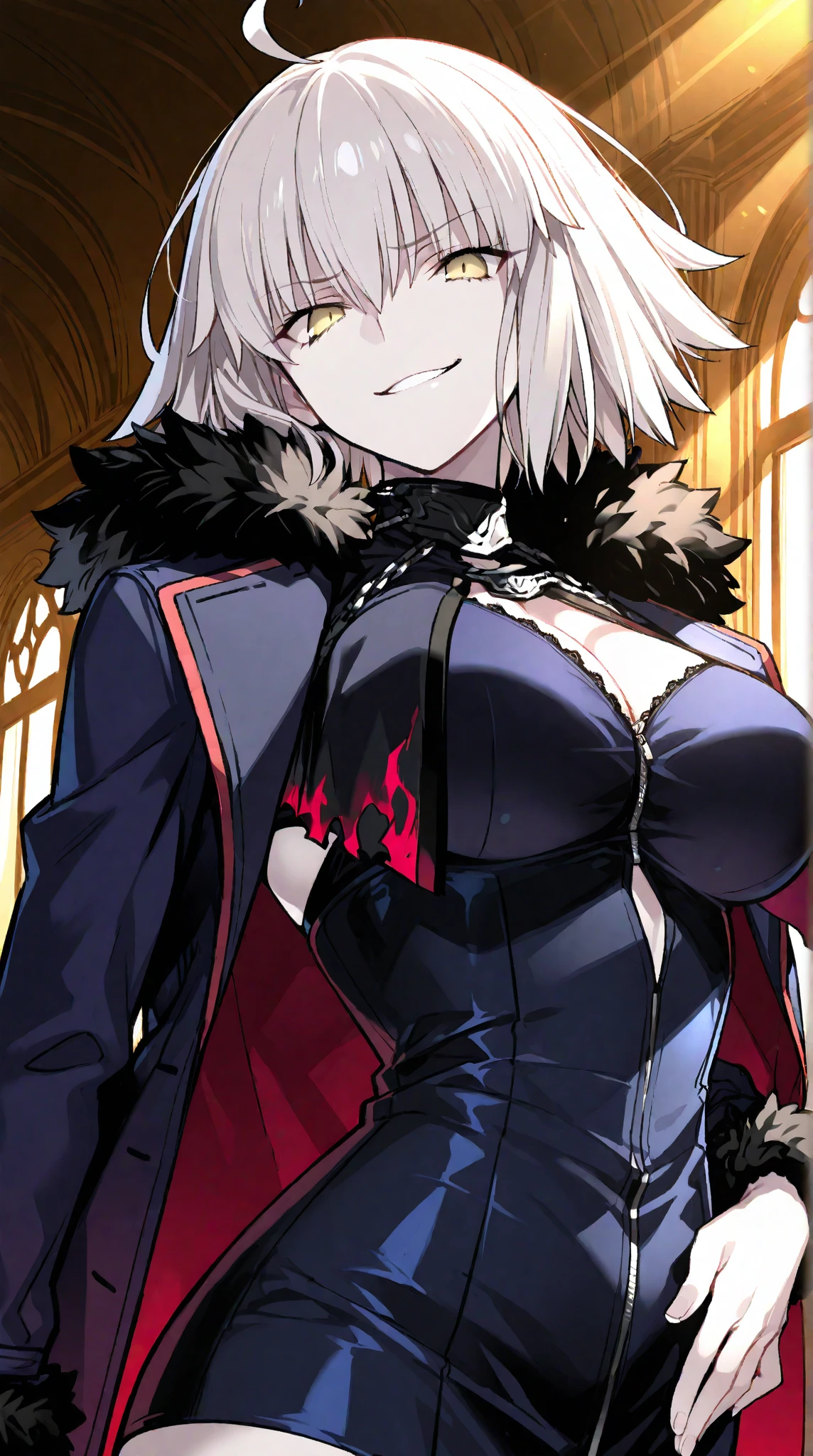 Wolfie, hells, 1girl, solo, furry character, leather pants, shoulders furry, breasts, wolf ears, white skin, yellow eyes, sexy pose