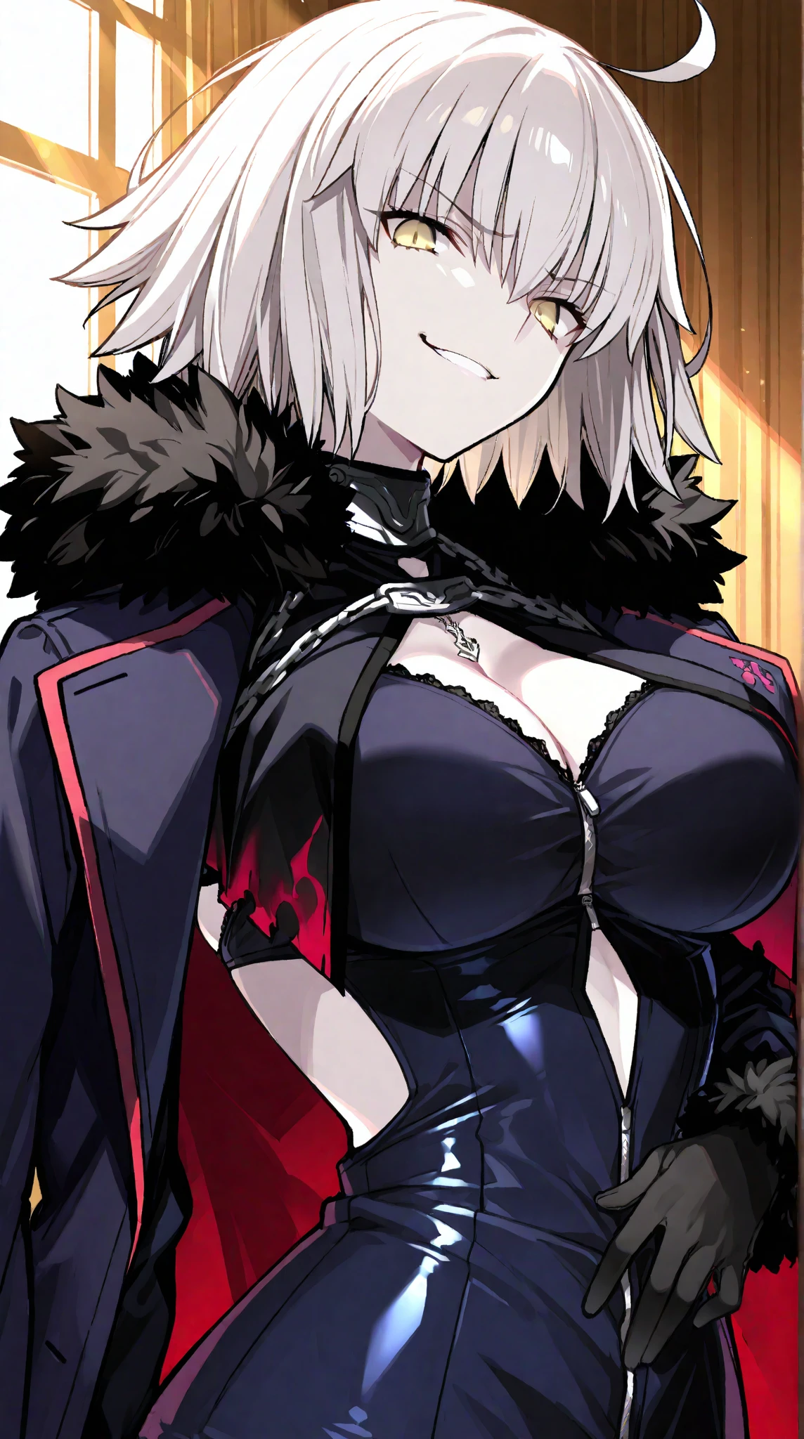 iom, 1girl, solo, ((monochrome)), greyscale, (large breasts:1.6), short hair, (two toned hair), (red hair above), (white hair below), hair, dress, full dress, looking at the viewer, female focus , smile, lines rich in thickness variation, anime girl with red glasses and a red dress, discord profile picture, artwork in the style of guweiz, guweiz, high quality portrait, 2 b, 2b, persona 5 art style wlop, detailed fanart, pixiv, from arknights, digital art on pixiv, trending on artstation pixiv, pixiv style, sitting,