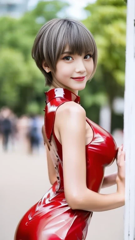female idol、smiling face、full body Esbian、shiny glossy Cheongsam Short Sleeve Latex Sexy Dress (neon red)、multicolor hair、