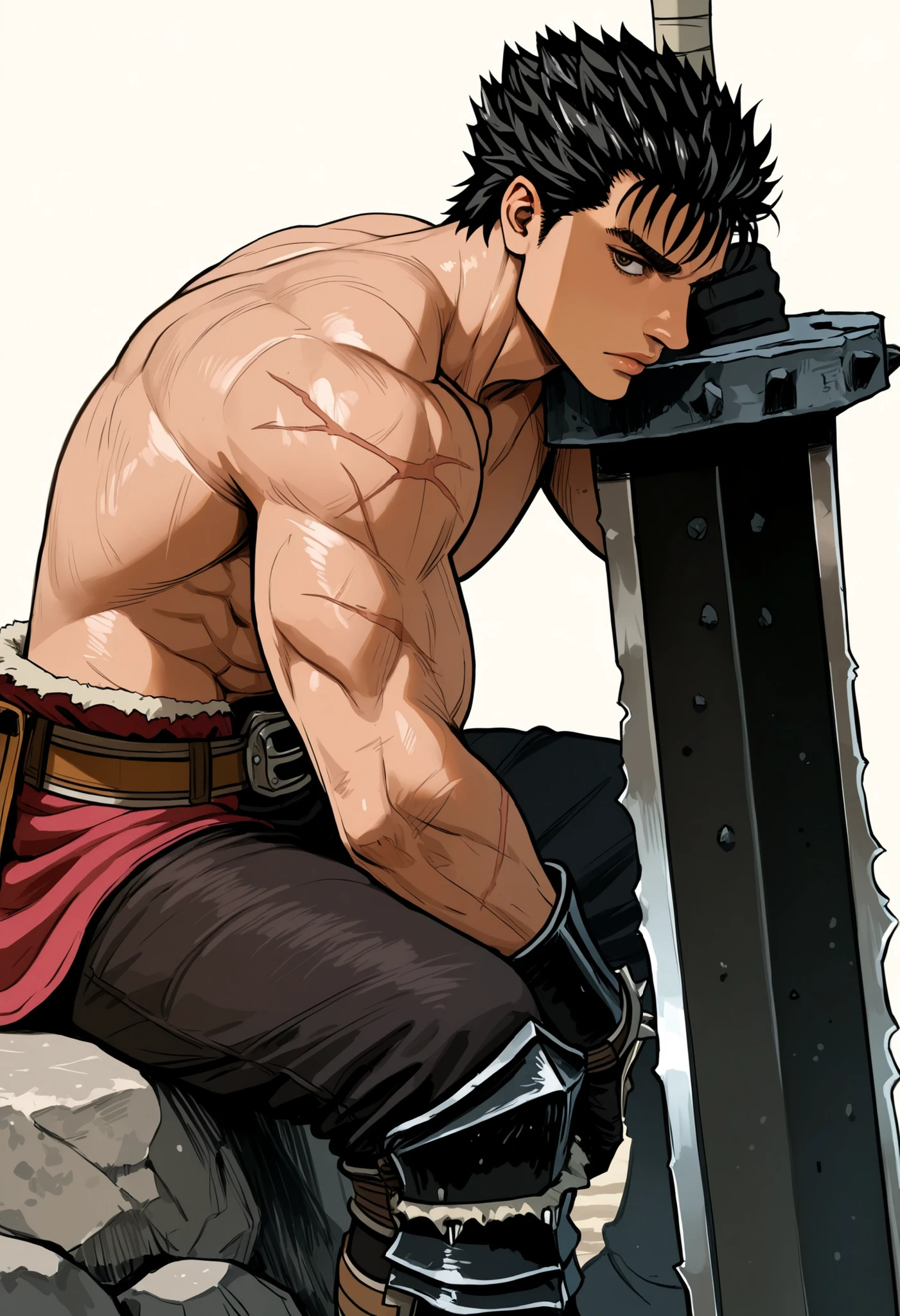 very far away view, Masterpiece, High resolution, Absurds, The newest, year 2024, Year 2023 ,
(sketch:0.8), side view, 1 , viscera \(berserk\), shirtless, Muscular, looking at the viewer, darkness \(expression\), boring, expressionless, Lips, Nose, scar, short hair, black hair, dynamic pose, leaning forward, sitting on a stone, black gloves, (huge sword, huge weapon:1.2), (Dragon Hunter \(sword\):1.2),
simple background,